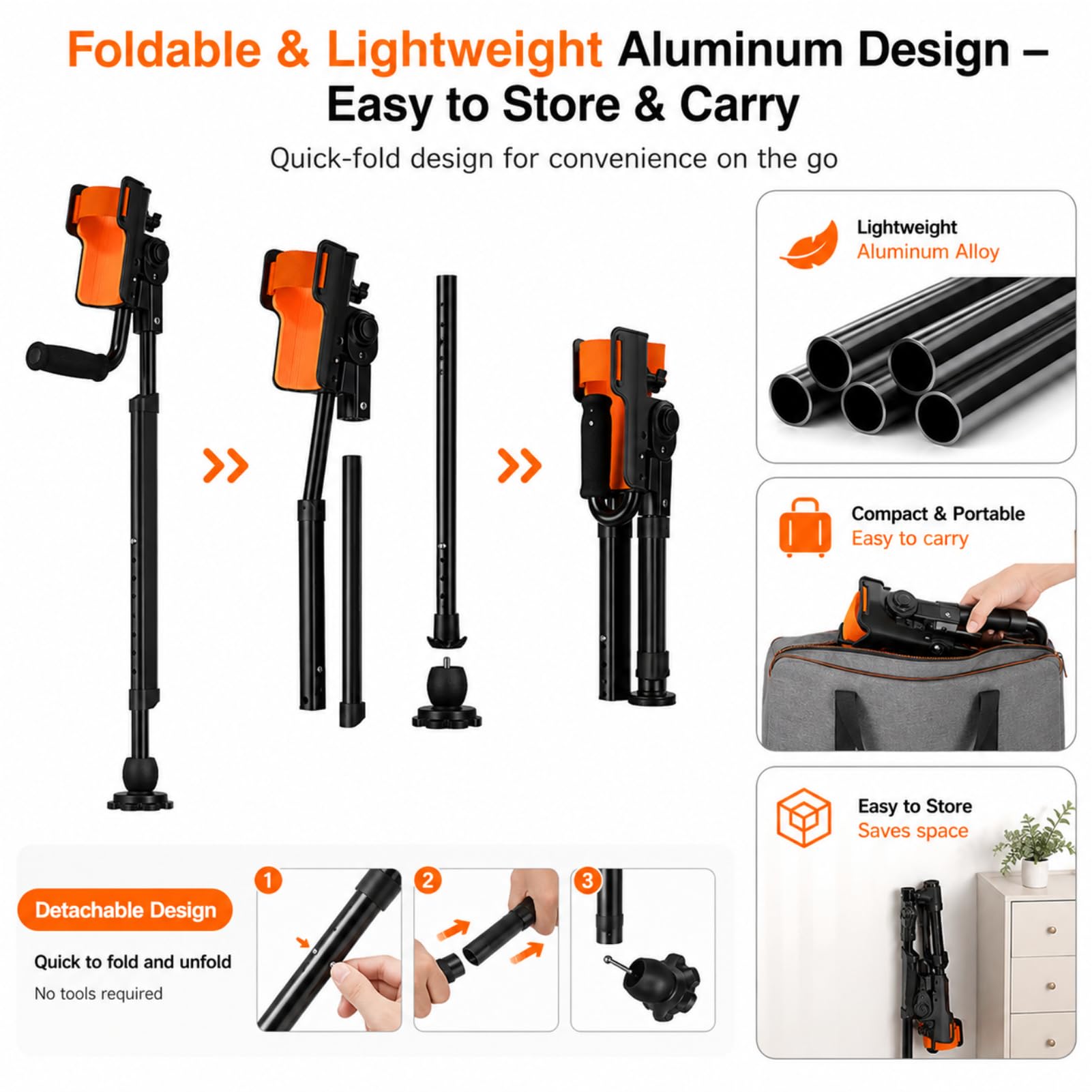 Muletas de antebrazo Ajustables para Adultos - Muletas de Caminar Plegables Ligeras con Soporte de Brazo ergonómico y Base de trípode Estable para la recuperación y la Movilidad Diaria