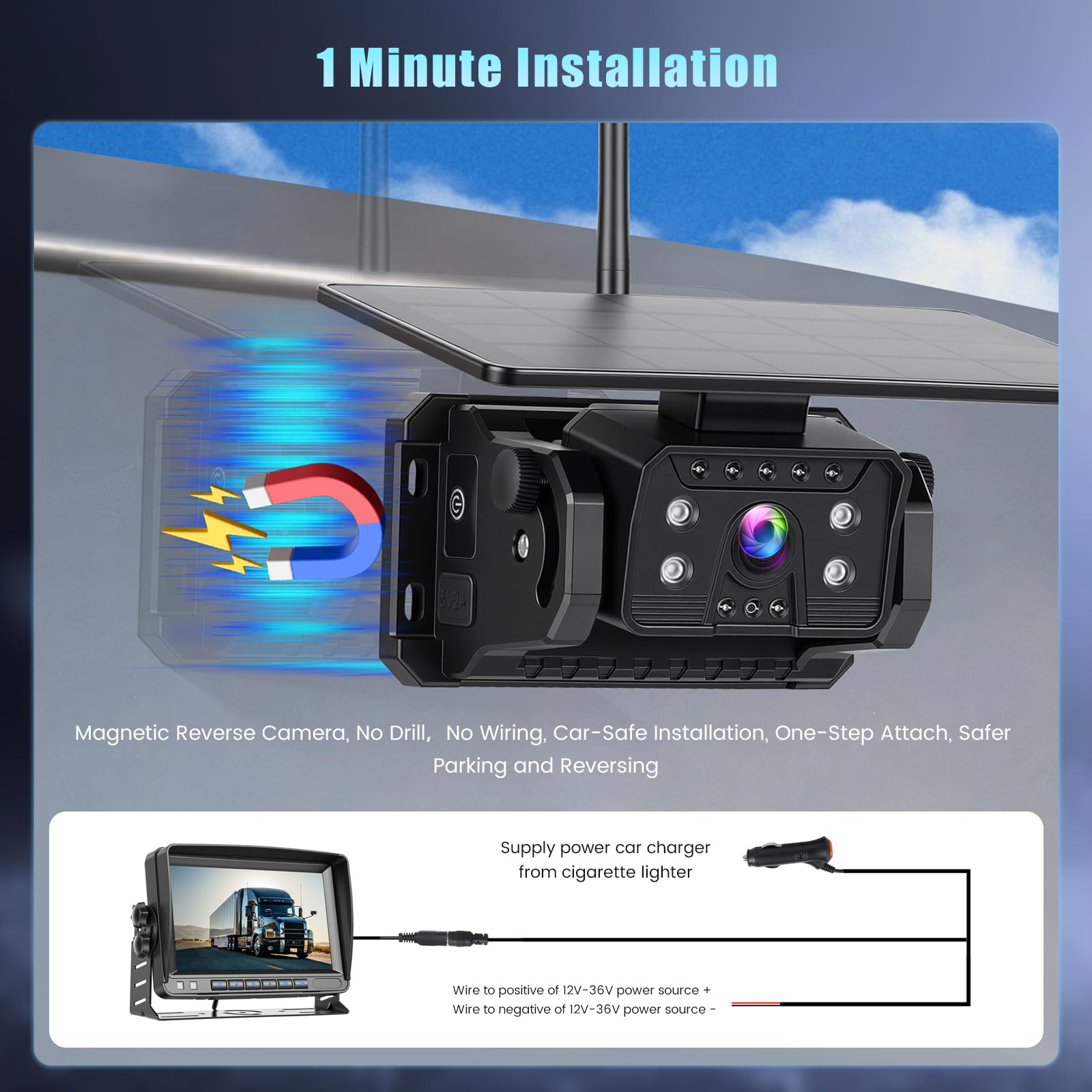 Hikity Cámara Trasera Coche Inalámbrica Magnética Solar 7'' IPS Monitor | IP69 Impermeable Camara Coche Marcha Atras Visión Nocturna Instalación Sencilla para Furgoneta Caravana Camiones