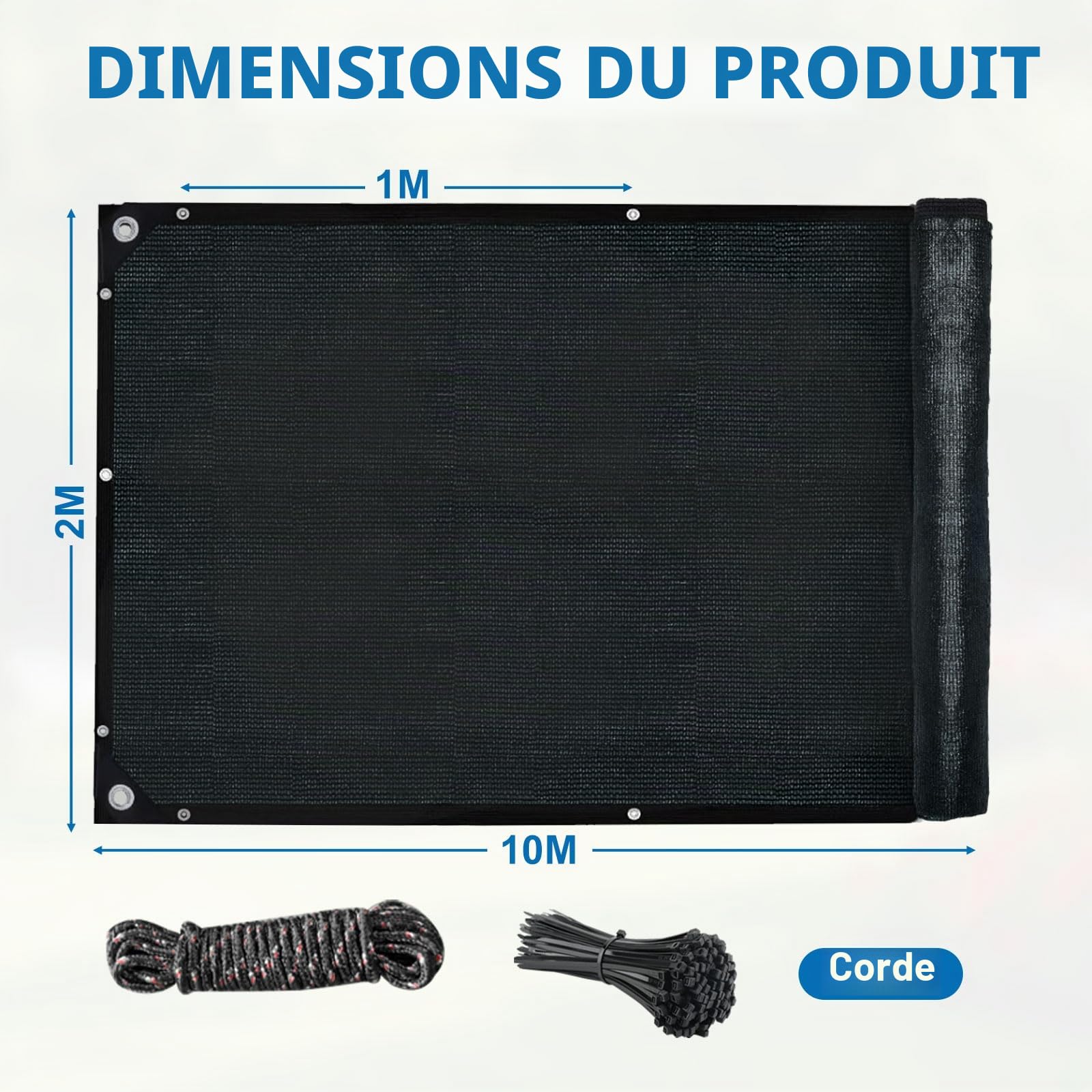 Brise-vue de jardin - 2 x 10 m - En polyéthylène haute densité - Résistant aux UV et à la déchirure - Avec câble et ficelle - 2 x 10 m - Noir