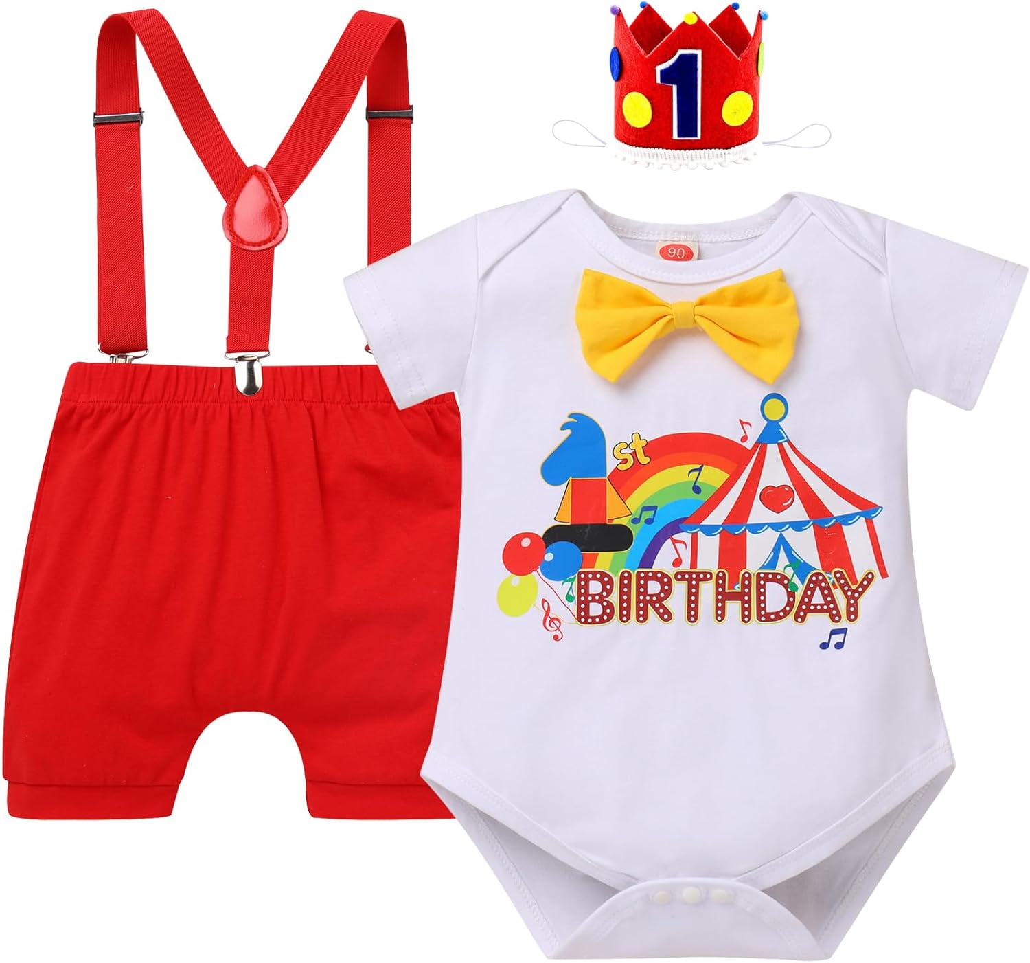 IBTOM CASTLE Circus Carnival First Birthday Outfit Boy Clown Short Sleeve Romper Bodysuit Shorts Crown Headband Clothes Set