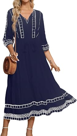 LauraKlein Boho Embroidered Western Ethnic Maxi Dresses for Women 3/4 Sleeve V Neck Waist Tie Mexican Party Casual Dress
