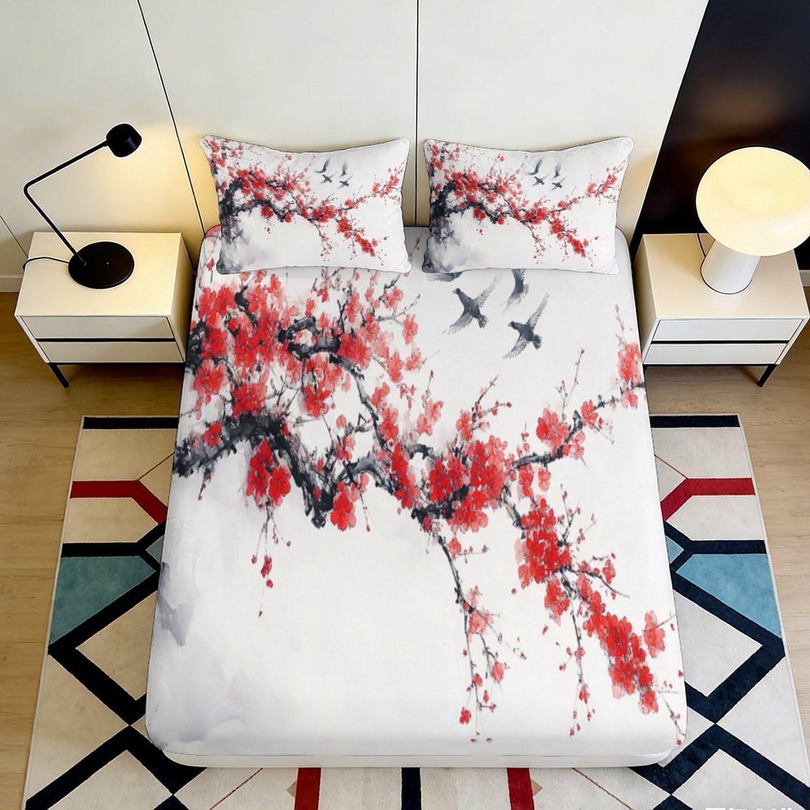 3D Printed Sakura Bird Fitted Sheet Microfiber Deep Pocket Non-Slip Bedroom Bedding Sakura Mattress Fitted Cover Washable for Home Use 90x200x25cm