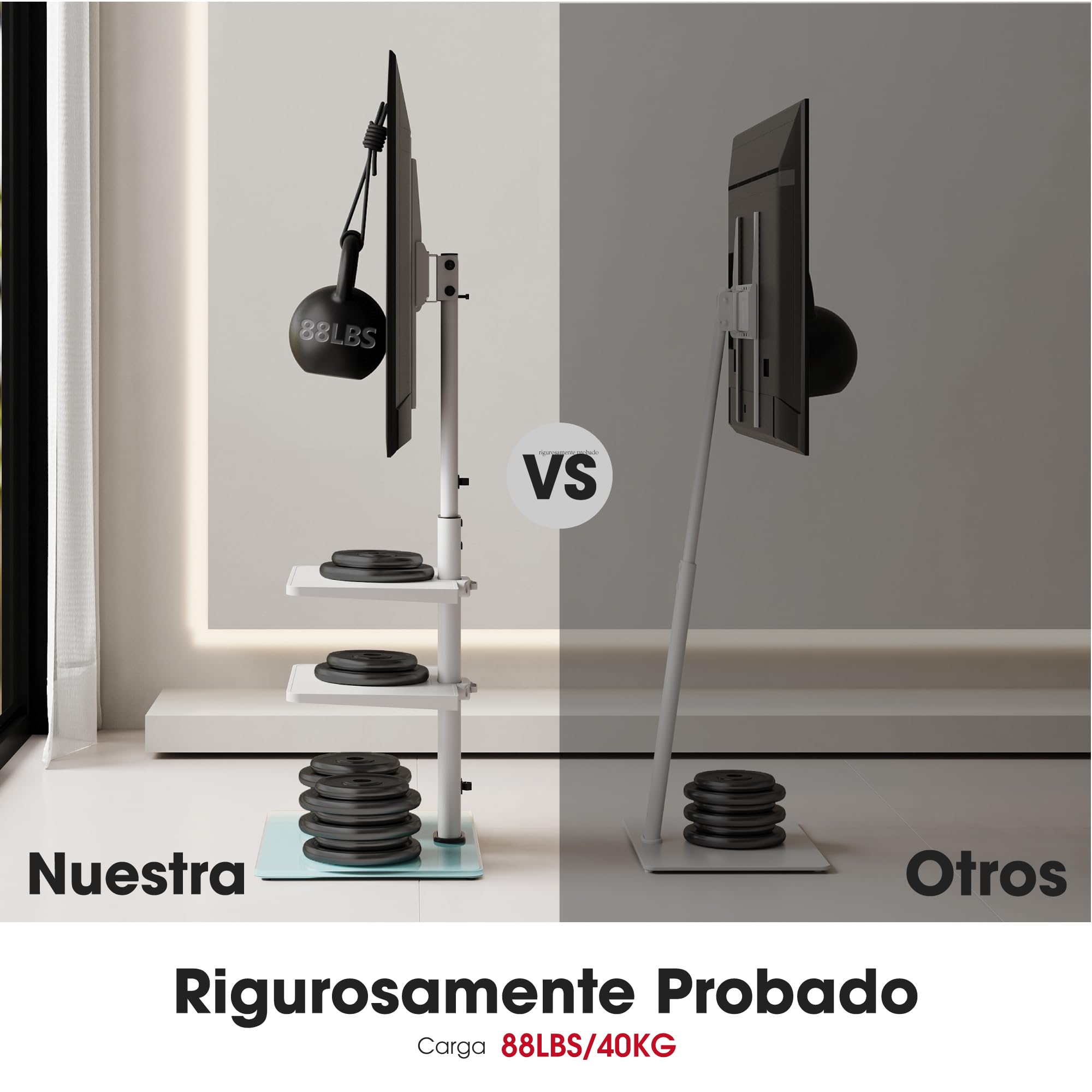 AOKCOS Soporte de TV para 32 a 70 Pulgadas, Soporte de Suelo para TV de 1350 mm de Altura, Ajustable en Altura, Giratorio, Inclinable, Soporte de TV con 3 Estantes (Blanco)