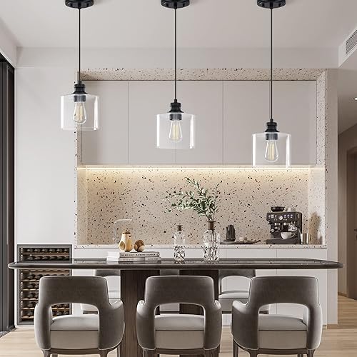 Miniatura 5 de Paquete de 2 lámparas colgantes vintage con acabado de bronce aceitado de 6.5 pulgadas, pantalla moderna de vidrio soplado transparente clásico para