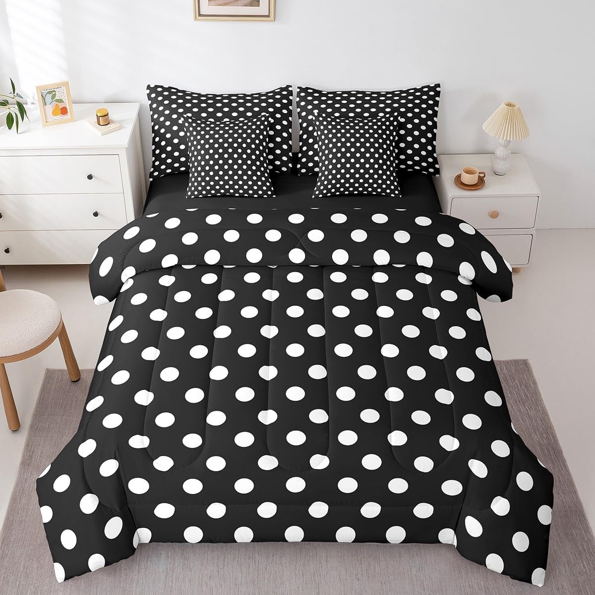 Manfei Polka Dots Twin Bedding Set 7 Pieces,Cartoon French Style Dots Black White Comforter Set with Sheets for Kids,Modern Geometric Circles Abstract Simple Art Bed Set in a Bag with Pillow Covers