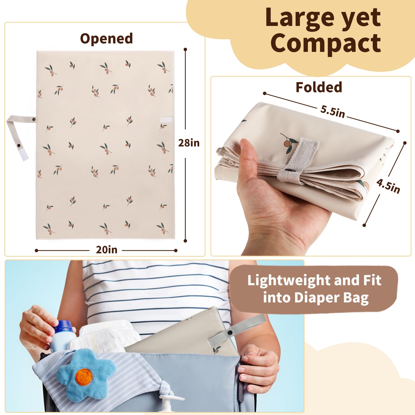 Tragbare Wickelunterlage aus veganem Leder, wasserdicht, kompakt, faltbar, Reise-Wickelunterlage, Geschenk für Neugeborene (Olivenzweig mit Gurt, 50,8 x 71,1 cm)
