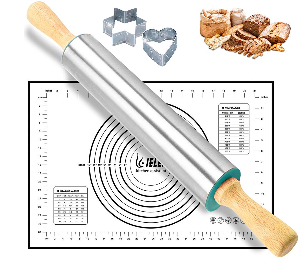 IELEKRolling Pin and Silicone Baking Pastry Mat Set for Baking:Combo Kit of Nonstick Dough Roller Cookie Cutters for Bake Pie Crust,Pasta,Pizza