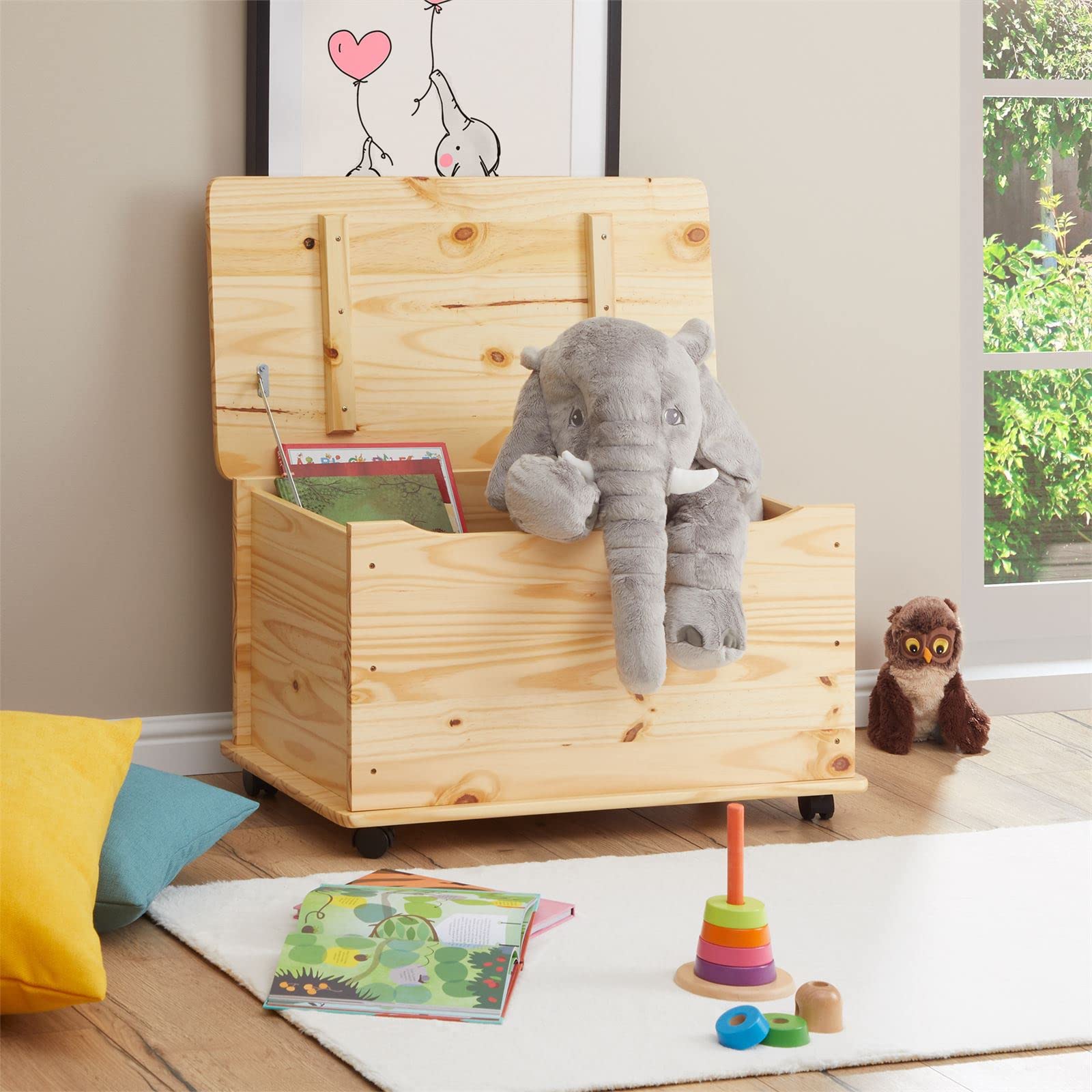 IDIMEX Coffre à Jouets Elisa Coffre de Rangement Malle rectangulaire avec abattant et 4 roulettes, en pin Massif recouvert d'un Vernis Naturel