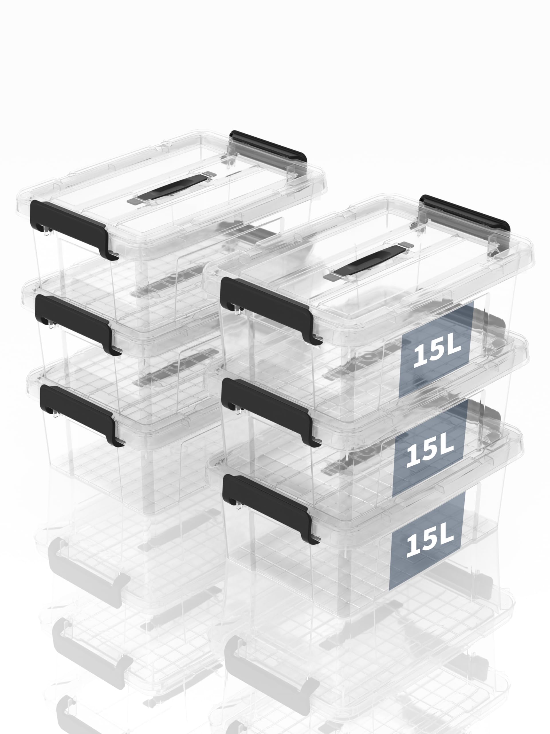 Caisses de rangement et Boîtes de rangement en plastique avec couvercle et poignée 15L, conteneur empilable pour maison, bureau et garage, bac transparent portable, 15L (lot de 6)