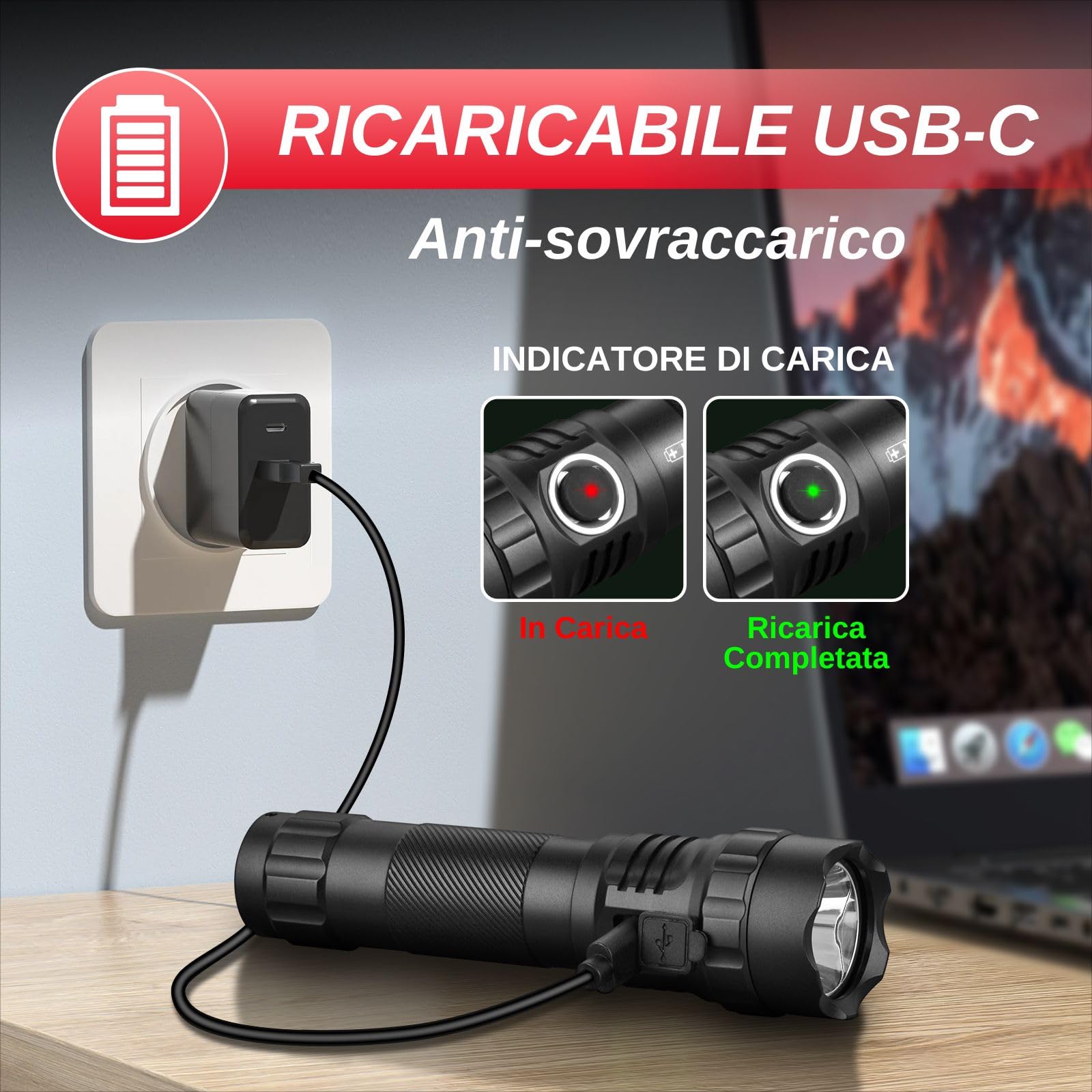 UltraFire Torcia Tattica con Fondina, 1200 Lumen, Torcia Ricaricabile per la Polizia con Fondina per Cintura, 3 Modalità LED, Torcia per Sicurezza, Campeggio, Soccorso, UF3