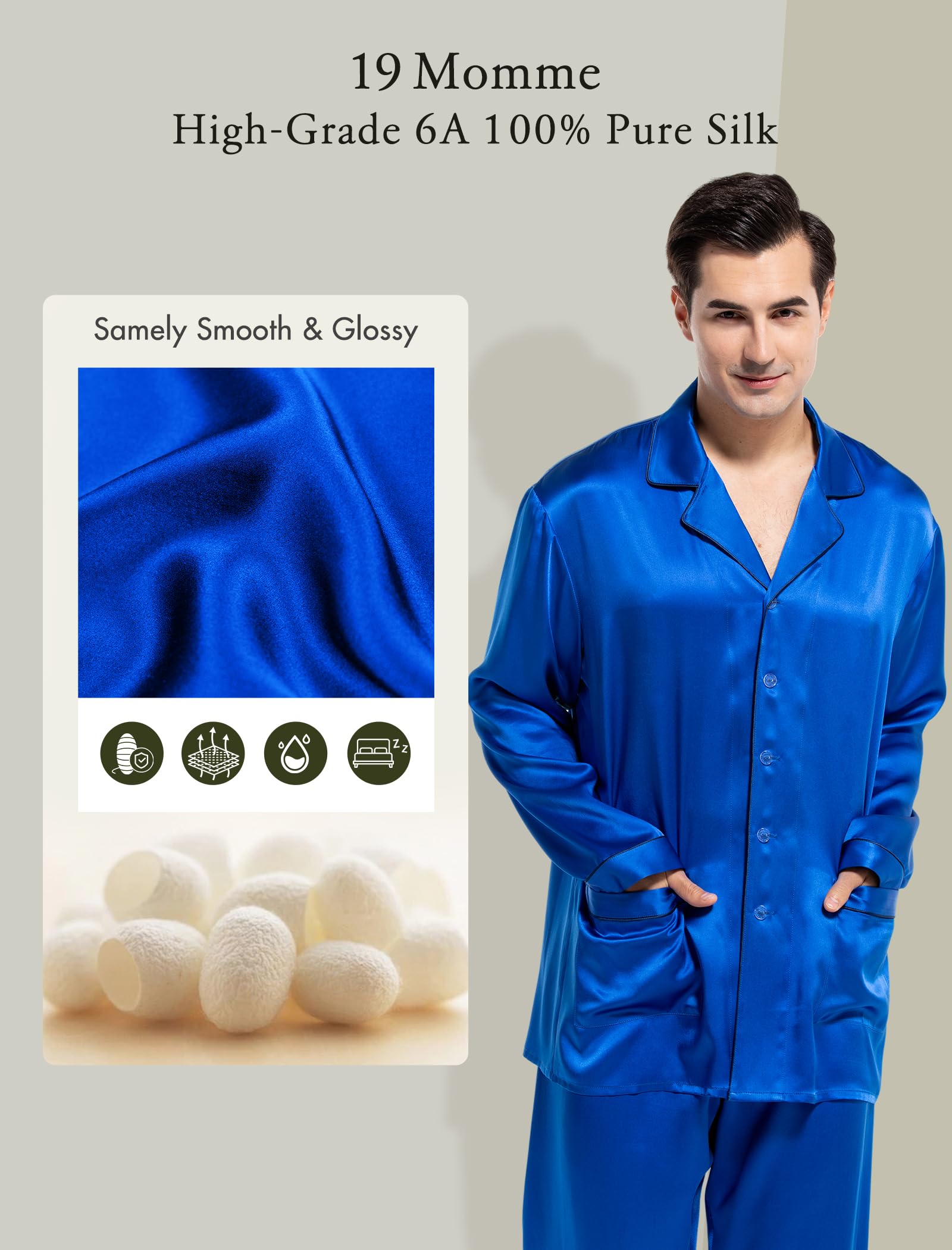COLD POSH Schlafanzug Herren Pyjama Negligee Lang: Satin Sommer Elegant Nachtwäsche 100% Seide Leicht Weich Sleepwear V Ausschnitt Loungewear Junge Strand Party Reisen Feiertage Navy Blau,L | 2-teiliges weiches leichtes Herren-Pyjama-Set aus Seide für Val