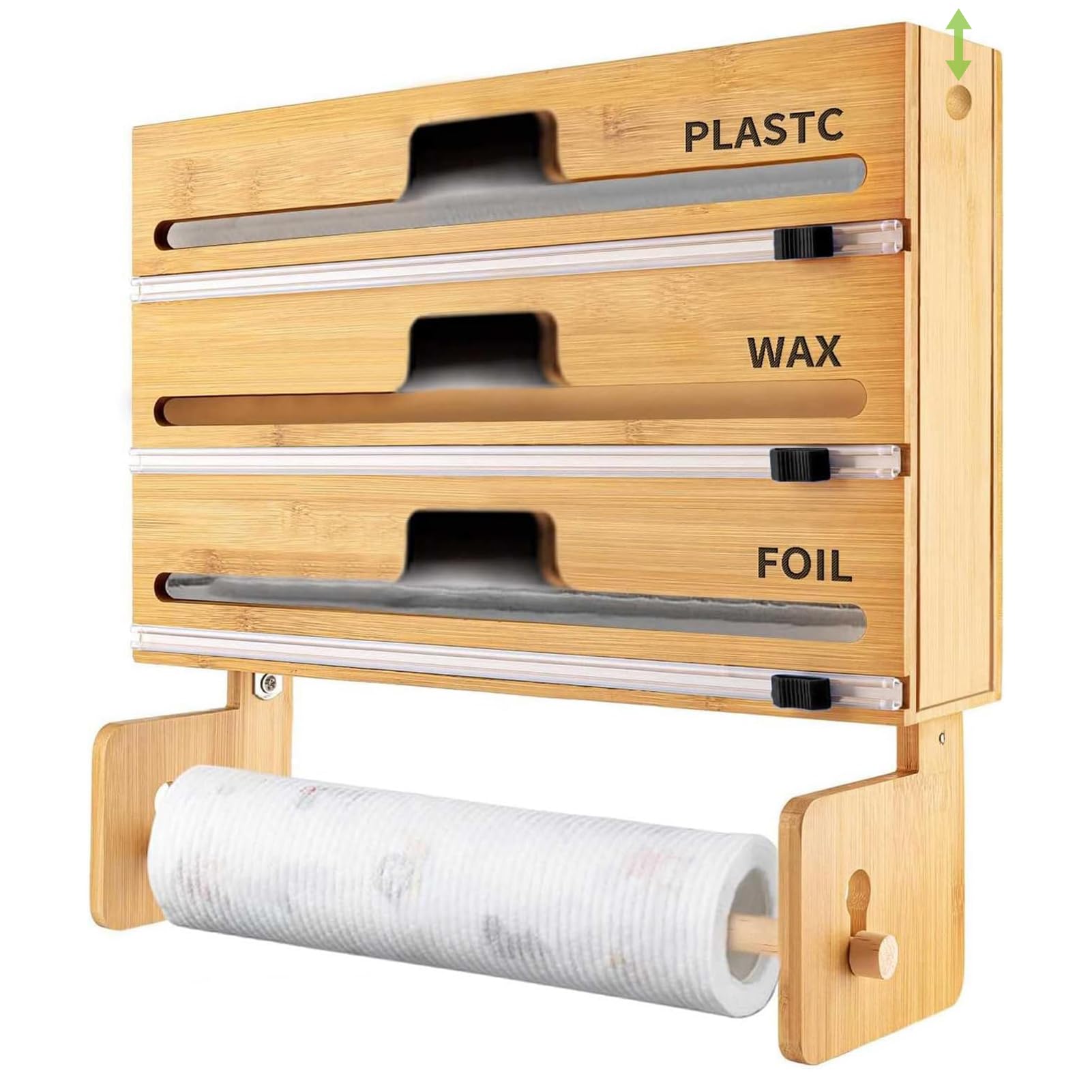 Portarrollos de Cocina de Pared 4 en 1 de Bambú con Cortador | Pared, cajón o encimera: Organizador 4 en 1 de Bambú con Cortador, Rollos de 30 cm(Style 1)
