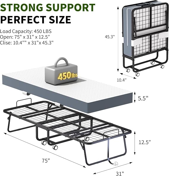 Folding Bed with 5 Mattress - 75 x 31 IN Foldable Rollaway Bed for Adults