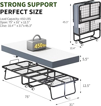 Folding Bed with 5 Mattress - 75 x 31 IN Foldable Rollaway Bed for Adults