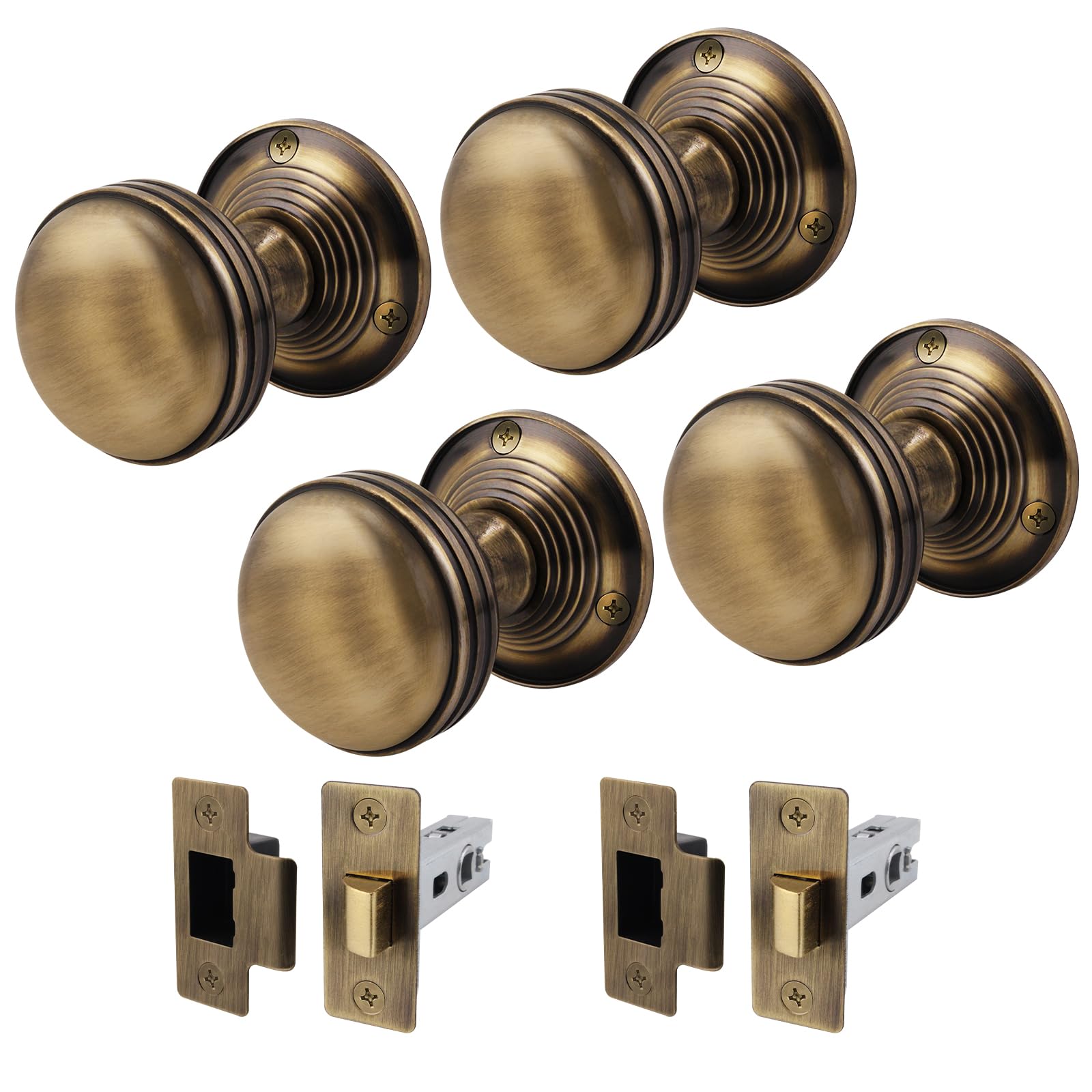 EAI Lined Door Knob Set Antique Brass | 2 Pairs of Mortice Knobs (55mm) & Latches (76mm) for Internal Doors