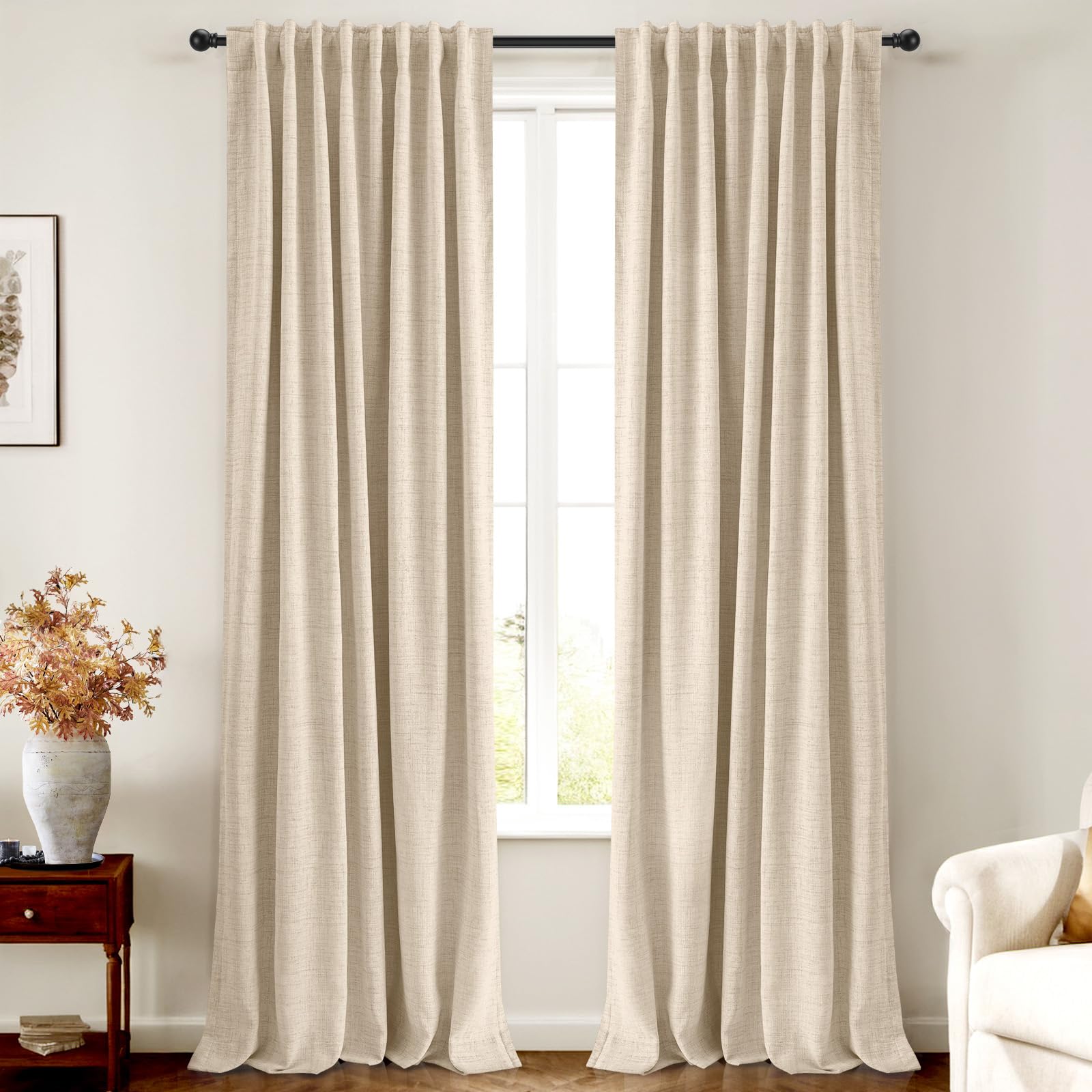 INOVADAY 100% Blackout Curtains 96 Inches Length 2 Panels Set, Back Tab/Rod Pocket Linen Black Out Curtains for Bedroom, Thermal Insulated Window