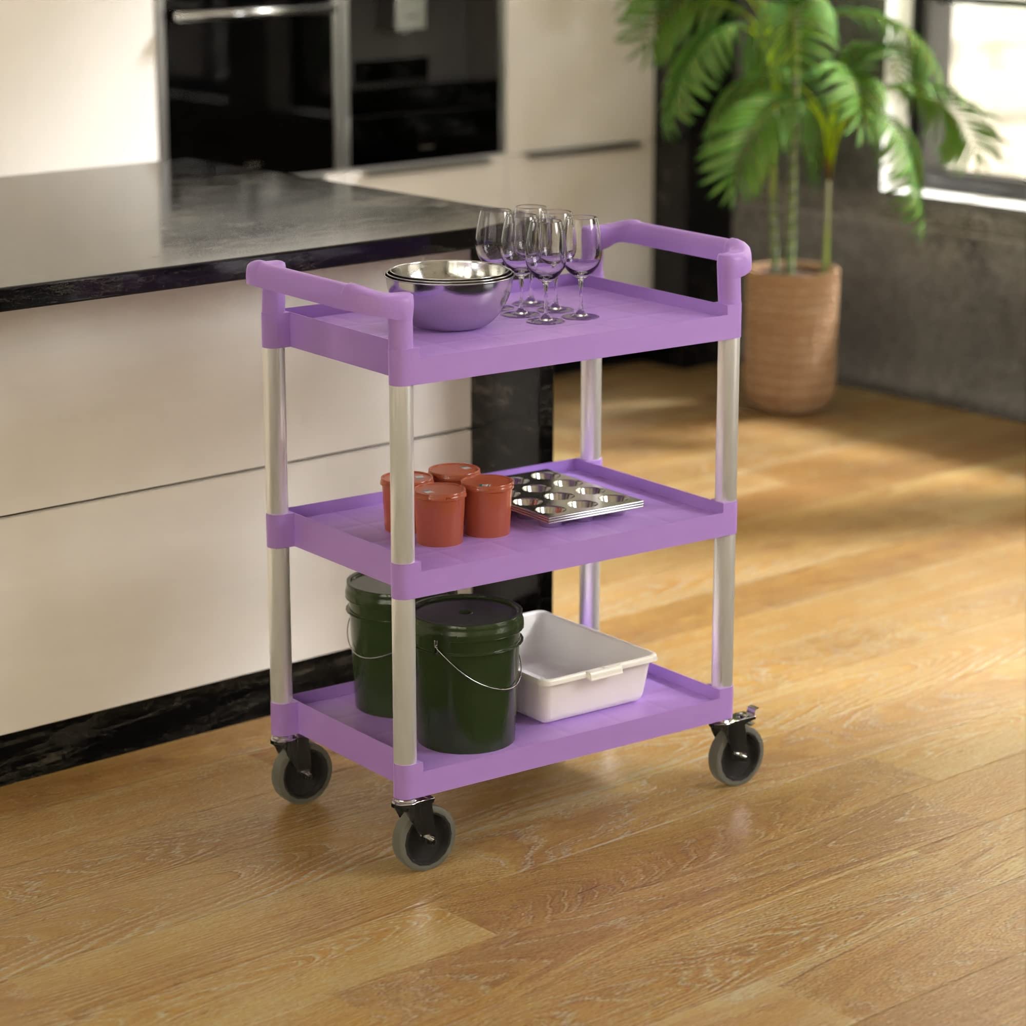 Krollen Industrial Purple Utility/Bussing Cart with Three Shelves - 32
