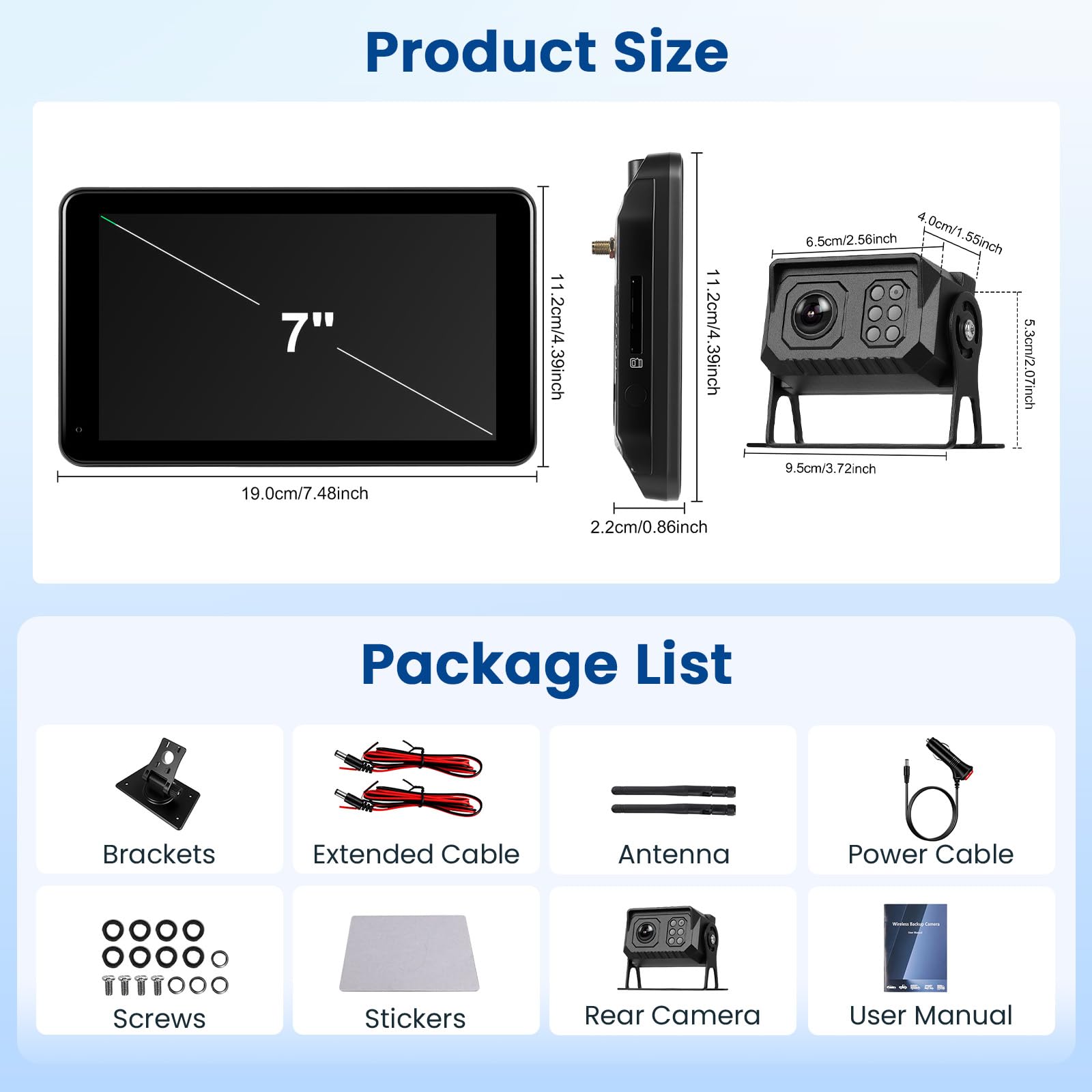 Hikity Kamera cofania bezprzewodowa 7" IPS Touchsreen zestaw kampera z noktowizorem z noktowizorem IP68 + nagrywanie w pętli + BSD+ linia cofania do samochodów ciężarowych, przyczep, autobusów