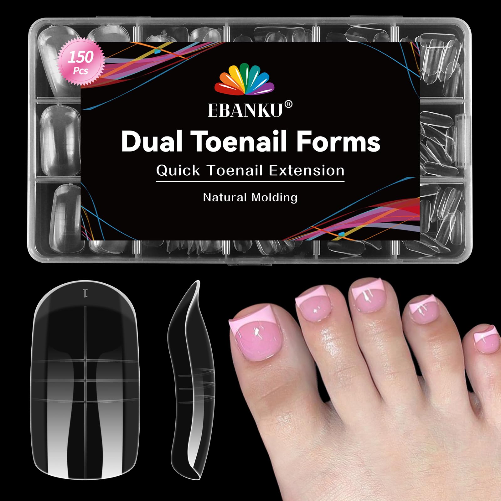 EBANKU Toe Dual Forms for Poly Gel, 150PCS French Nail Forms for Toes, Clear Poly Gel Toenails Molds for DIY Pedi Toenail Extension Kit for