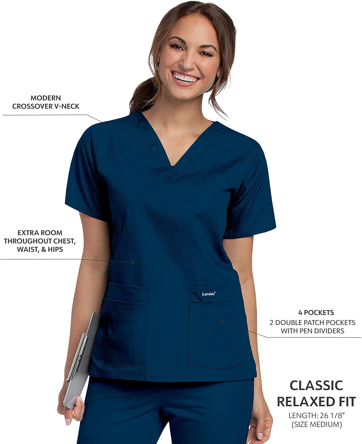 Landau Essentials Relaxed Fit 4-Pocket V-Neck Scrub Top for Women 8219