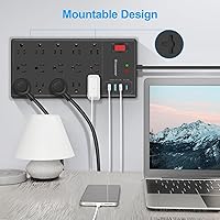 Vista 7 de Regleta de alimentación con protector de sobretensiones, 15 tomas de corriente ampliamente espaciadas y 4 puertos USB (1 puerto USB C), cable