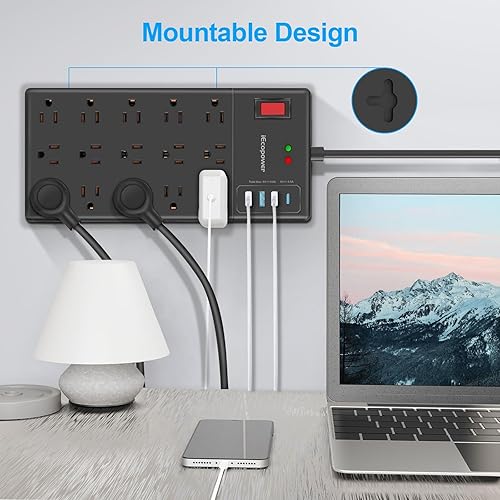 Miniatura 7 de Regleta protectora de sobretensiones de 10 pies, 15 tomas de corriente ampliamente espaciadas y 4 puertos USB (1 puerto USB C), cable de extensión