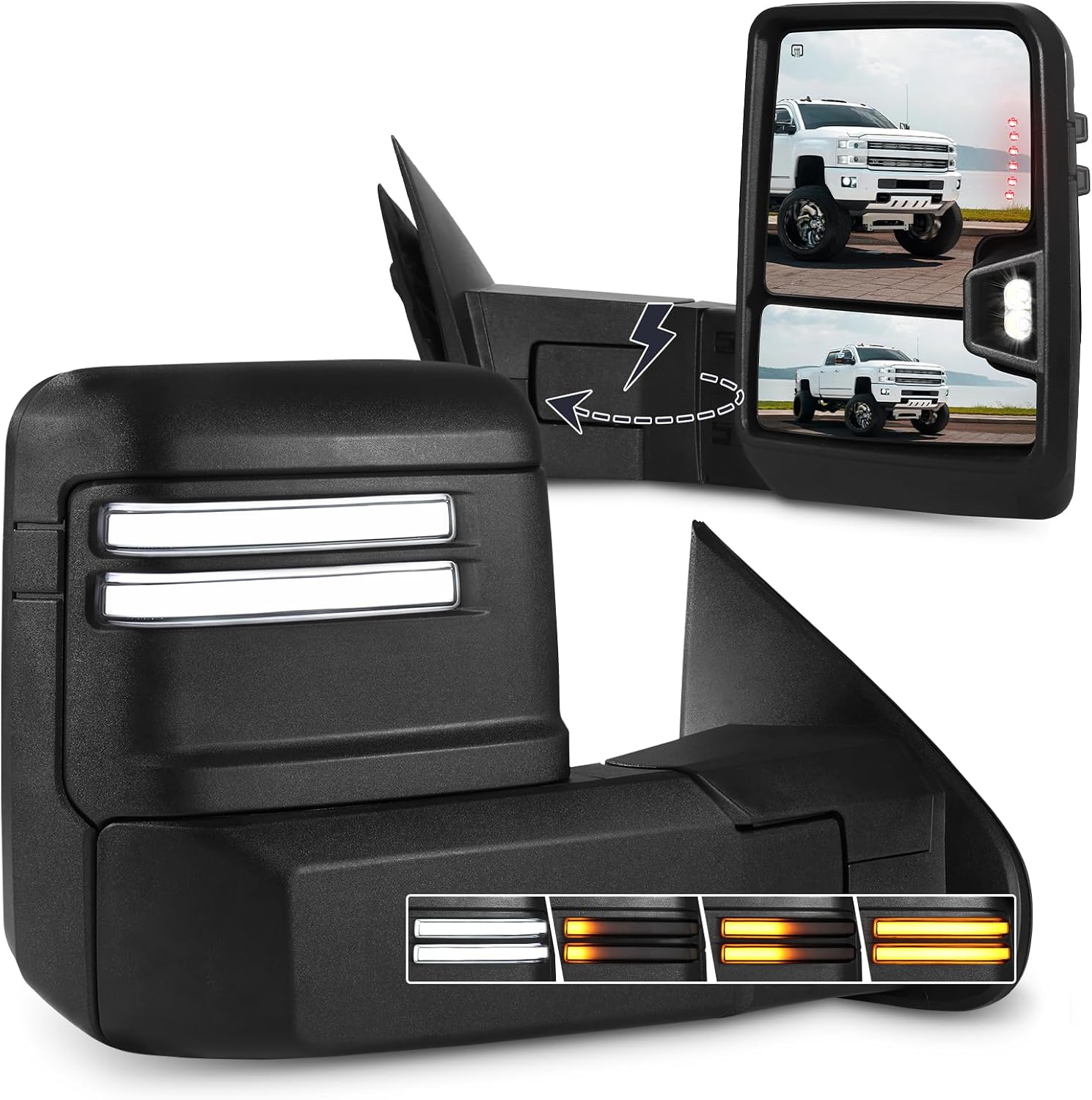 Power Folding Tow Mirrors for 2014-2018 Chevy Silverado/GMC Sierra 1500 2500HD 3500HD Switchback Towing Mirror with Running & Turn Signal Light Power Heated Glass Temp Sensor Manual Telescoping