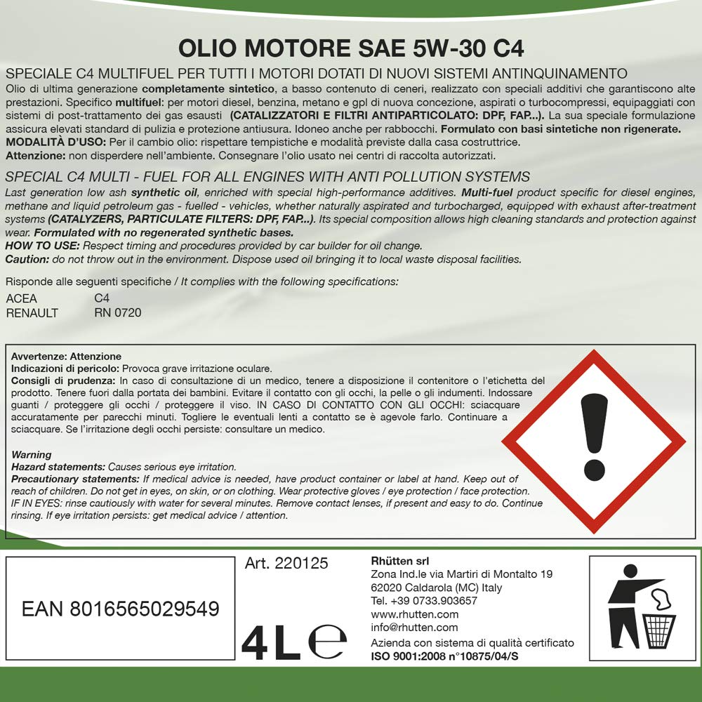 Olio Motore Rhutten, Sintetico, 5W-30 C4 4L