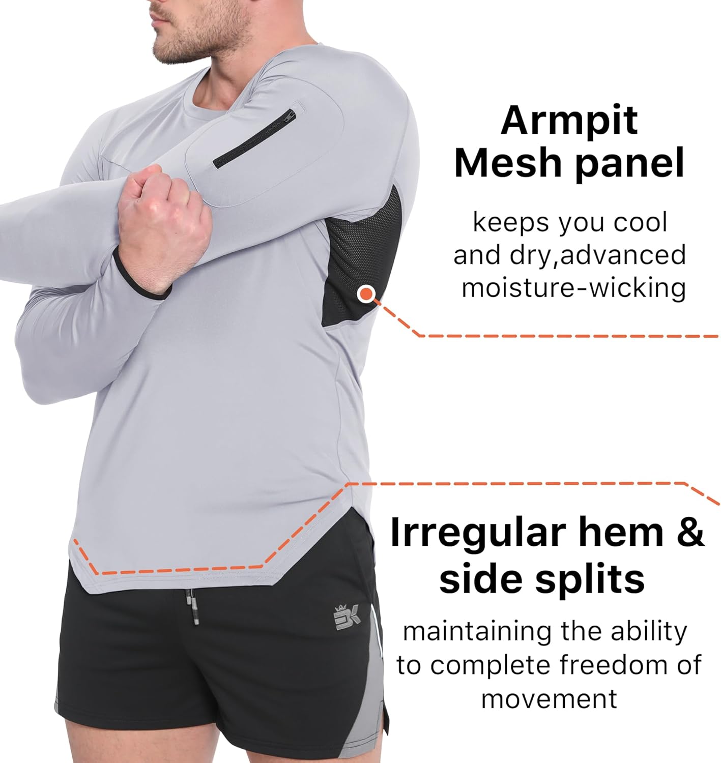 BROKIG Men's Armzip Long Sleeve Running Shirts Quick Dry Sun Protection UV UPF 50+ Jogging T Shirts Zip Pocket Gym Workout - Image 4