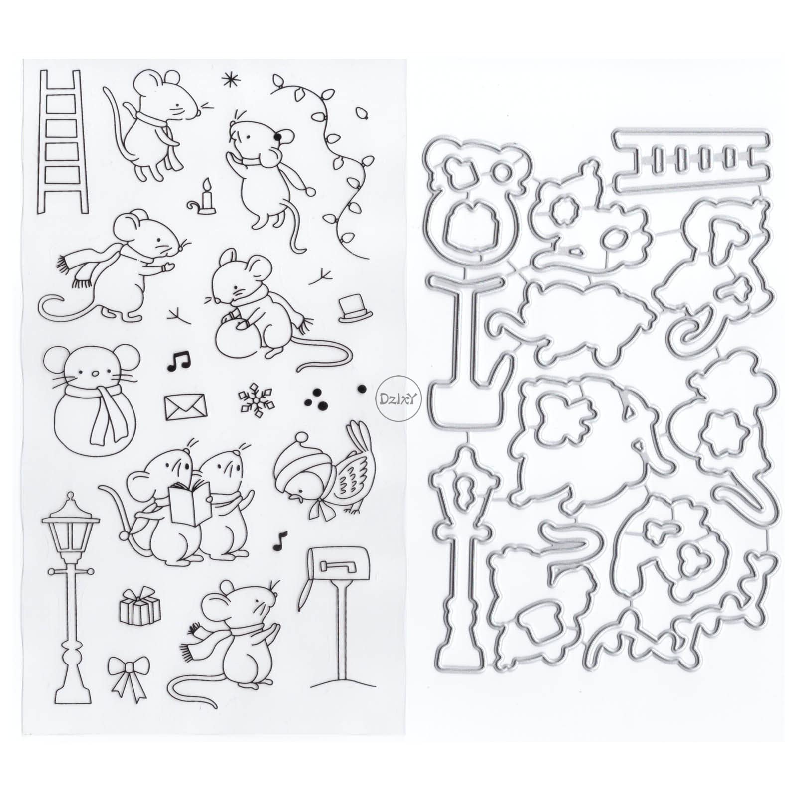 DzIxY Mouse Street Light Clear Stamps and Metal Cutting Dies Sets for Card Making Scrapbooking Paper Arts Crafts Kit Supplies Transparent Silicone Seals Stamping for Christmas Gifts Storage Pockets