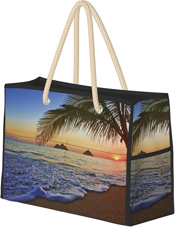 Large Canvas Beach Bag Top Zipper Closure Waterproof Lining