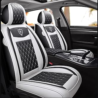 Car Seat Covers Full Set, Super Luxurious Heavy Duty Waterproof Leather Automotive Vehicle Cover for Cars SUV Pick-up Truck, Universal Non-Slip Black White Seat Car Accessories (Full Set/White)