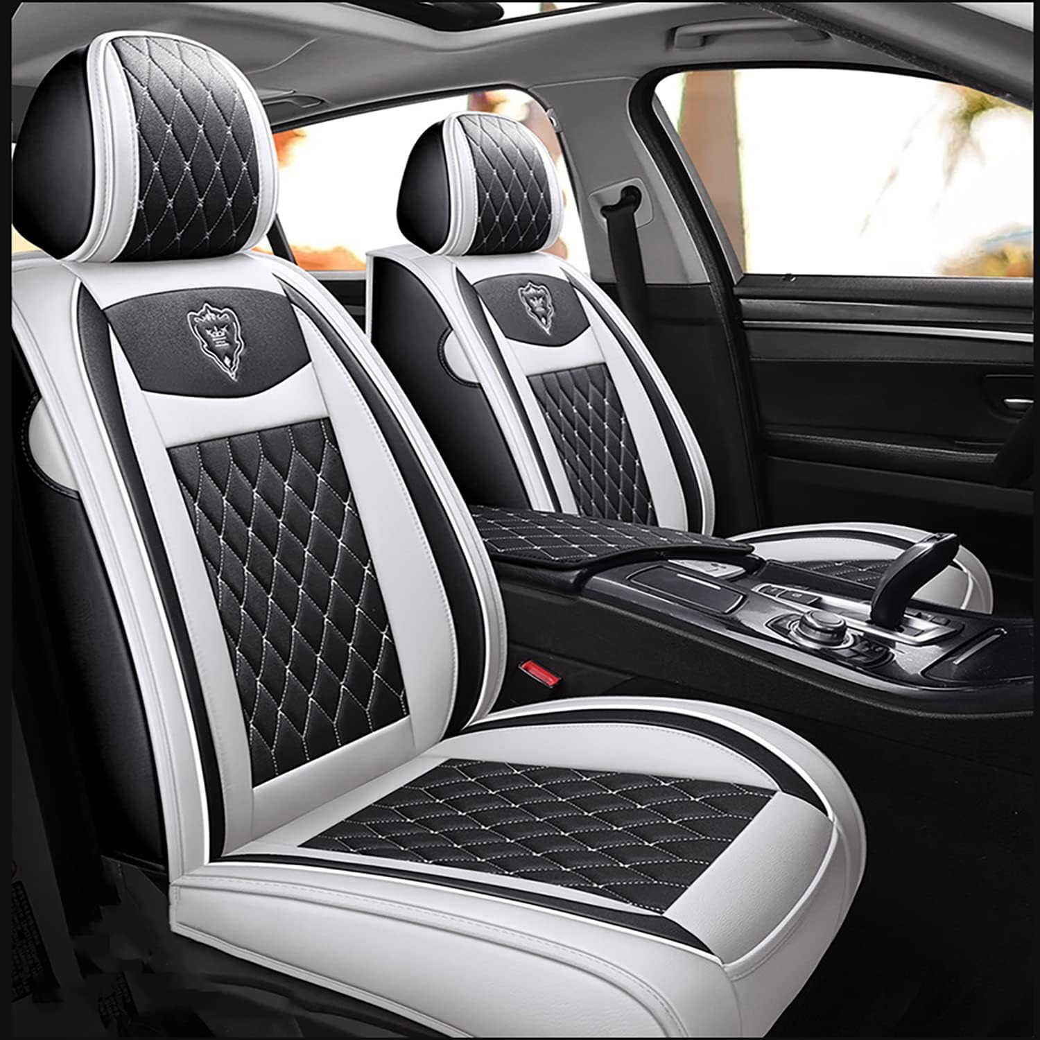 Car Seat Covers Full Set, Super Luxurious Heavy Duty Waterproof Leather Automotive Vehicle Cover for Cars SUV Pick-up Truck, Universal Non-Slip black white Seat Car Accessories (Full Set/White)