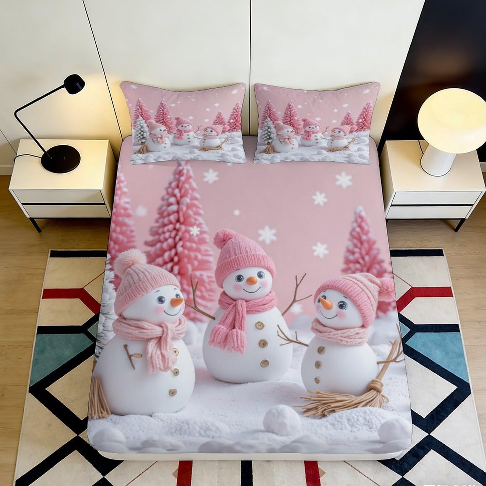 3D Printed Pink Snowman Fitted Sheet Microfiber Soft Warm Winter Trees Bed Cover for Bedroom Dormitory Guest Room Mattress Protection Decoration 140x200x25cm