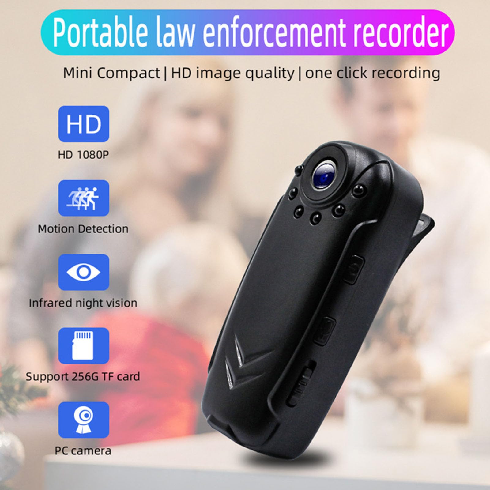 Cámara de acción de tamaño de bolsillo con lente de 125° para viajes, fiestas, vlogs diarios, ciclismo, videocámara corporal, videocámara trasera con clip para Vlog