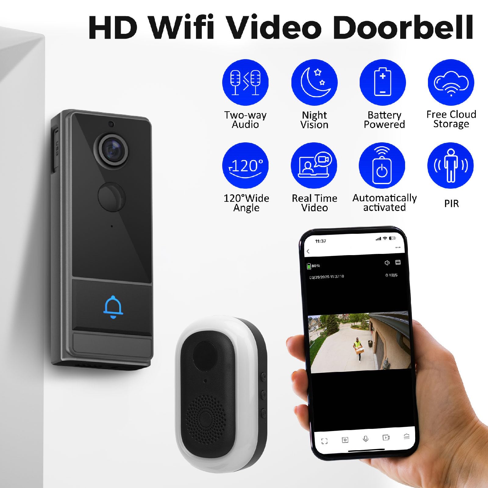 Cuifati Timbre con Video, 2.4G WiFi App Monitoreo Remoto Conversación Bidireccional Lente Gran Angular de 120 Grados con Detección Humana PIR y Prueba de Agua IP67, para Teléfonos