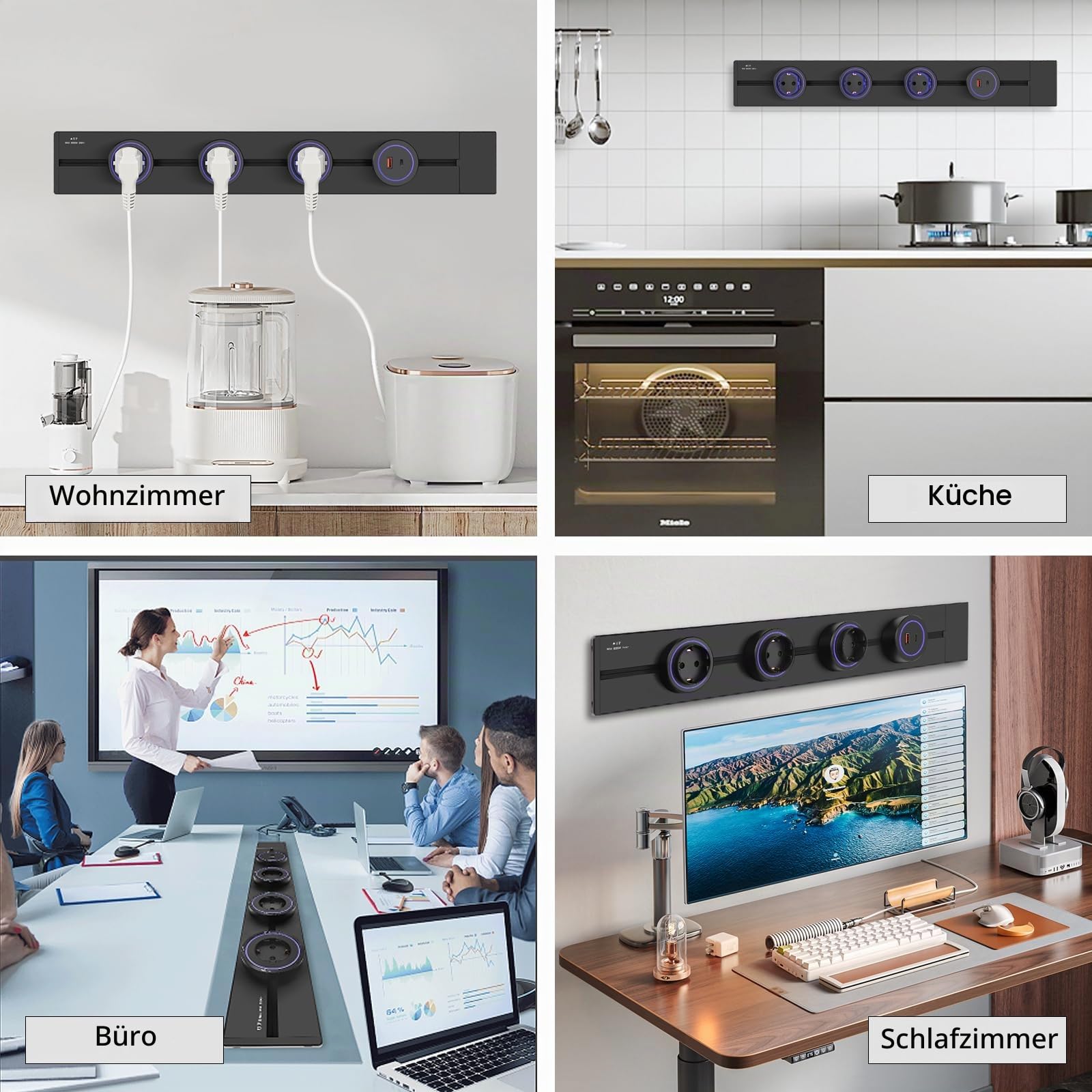 CNBINGO Stromschiene Stromschienensteckdose Schwarz - 4 Adaptern (3 Wandsteckdose, 1 USB-A, 1 USB-C) für Küche Wohnzimmer Zuhause Büro 600mm 7360W Orbital Mehrfachsteckdose