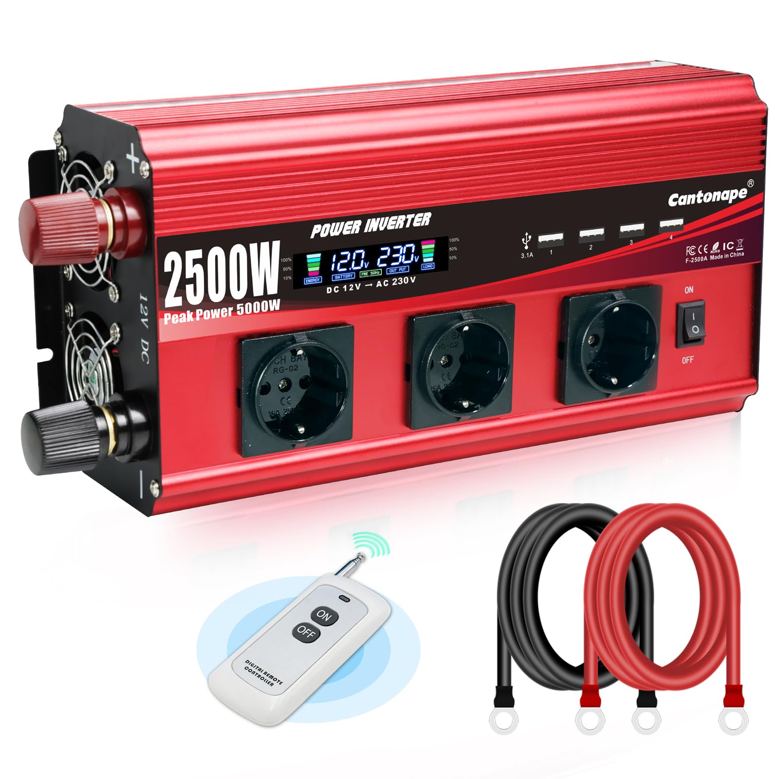 Cantonape 2500W Power Inverter 12V zu 230V DC zu AC mit LCD-Anzeige, Fernbedienung, 3 x AC-Schuko und 4 x 3,1A USB Autoadapter für Auto, LKW, Boot und Wohnmobil