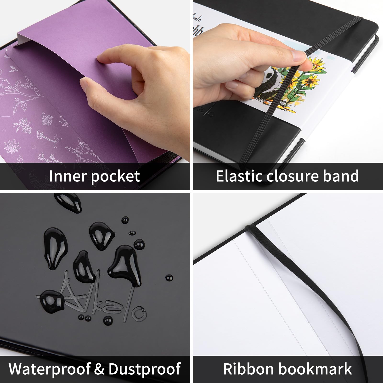 ALKALO Sketchbook Carnet de dessin carré avec élastique et ruban marque-page - 180 g/m² - 55 kg - Noir