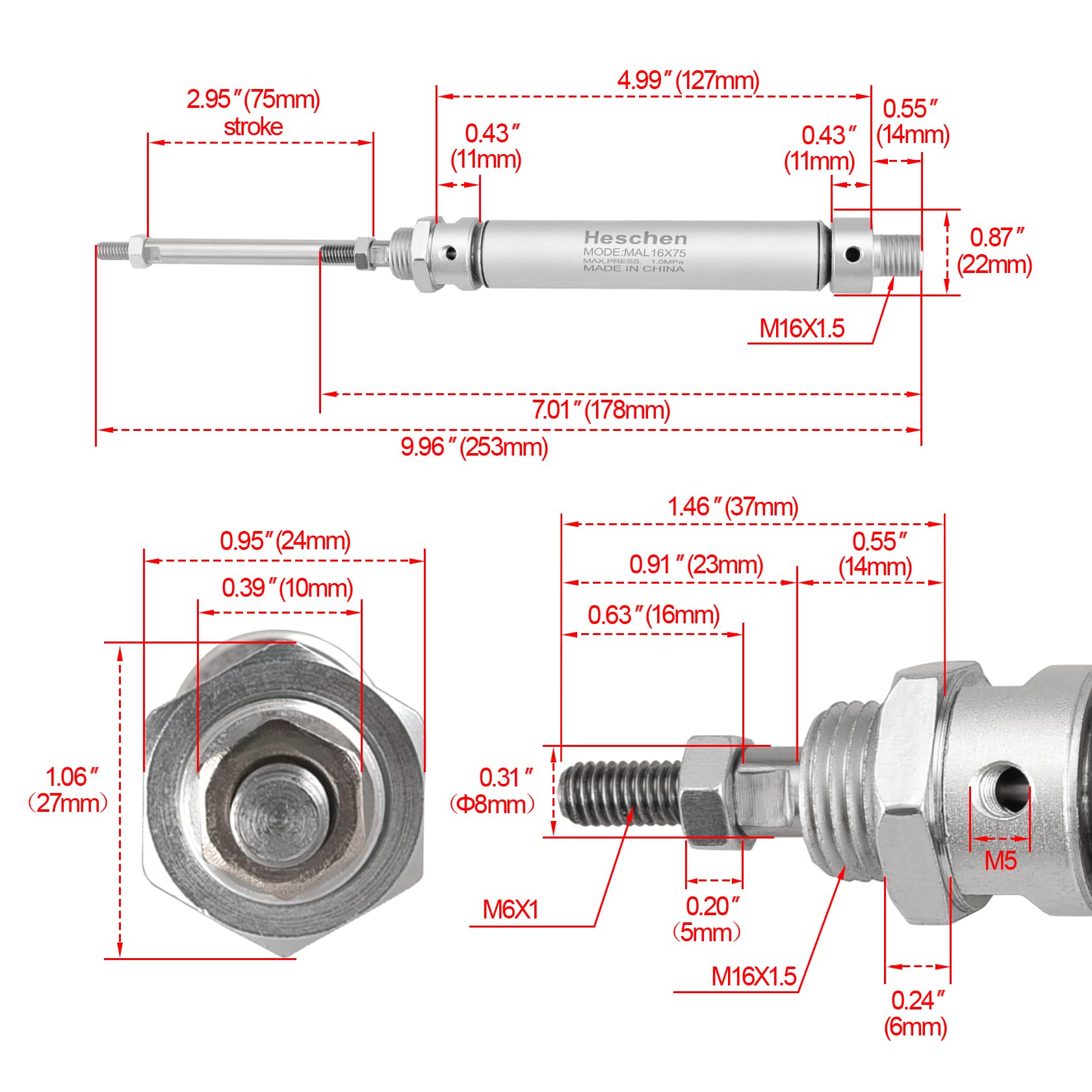 Heschen Vérin pneumatique Mince, Mal 16-75, M5 Port, Alésage 16mm, Course 75mm, Double Effet