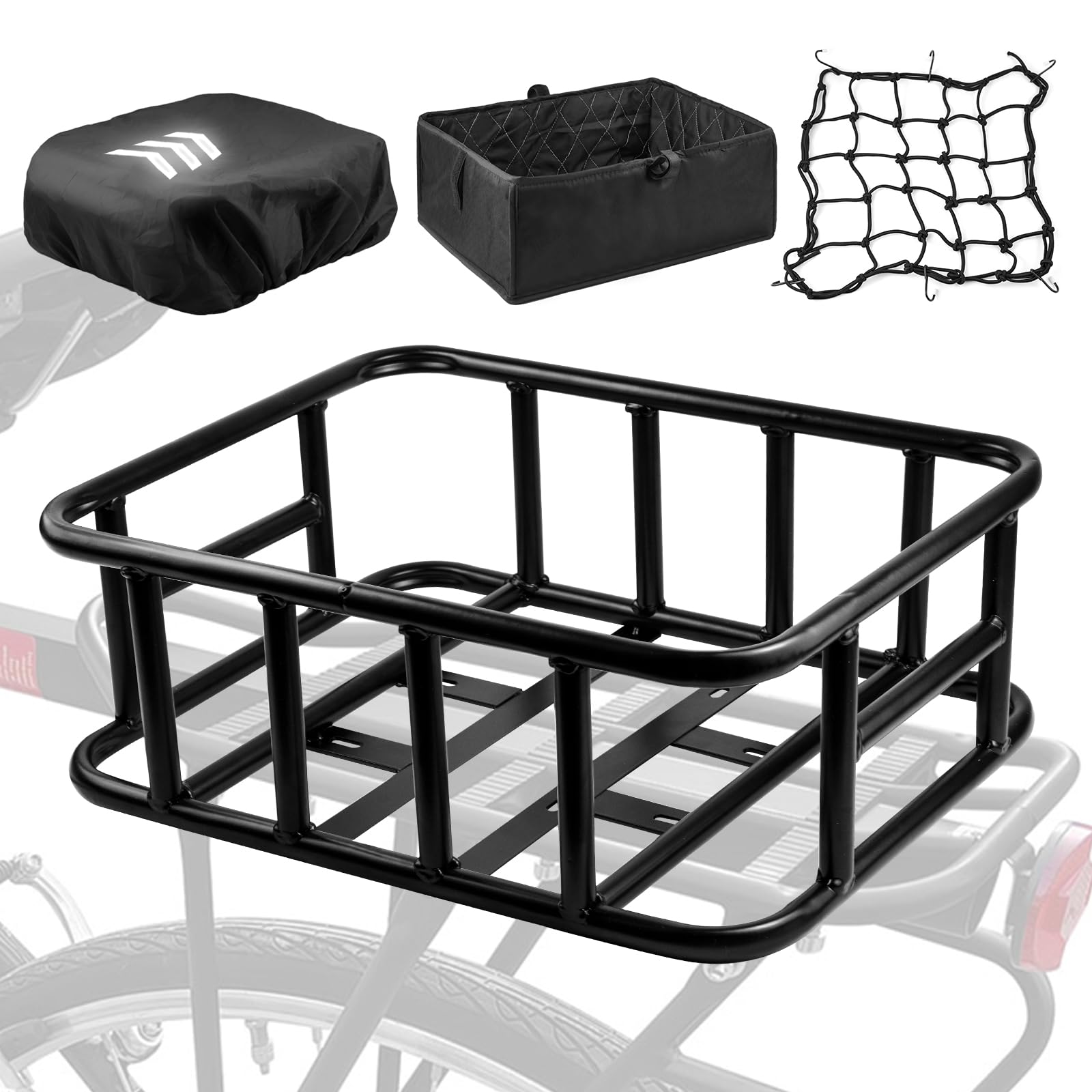 Bike Basket Rear, Bicycle Rear Basket with Cargo Net, Waterproof Cover and Liner, Heavy Duty Bicycle Basket Rear for Most Bikes & Electric Bike