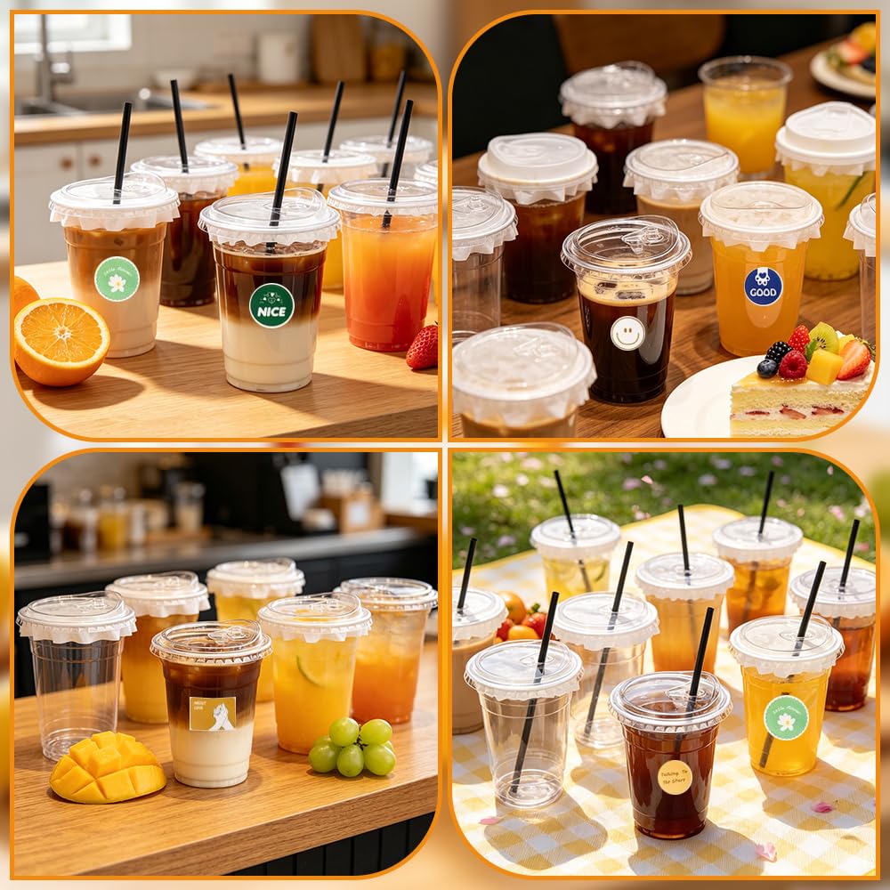 50 bicchieri di plastica trasparente con coperchi e cannucce, 500 ml, bicchieri da caffè in plastica con adesivi fai da te e carta a prova di perdite, per frappè freddo, frullati, caffè