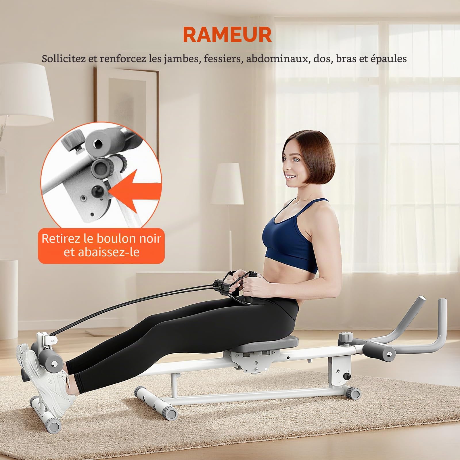 Rameur pour la maison, équipement d'exercice 4 en 1, rameur de fitness pliable, machine de presse de jambes/machine abdominale/chaise romaine, équipement d'intérieur pour salle de sport à domicile