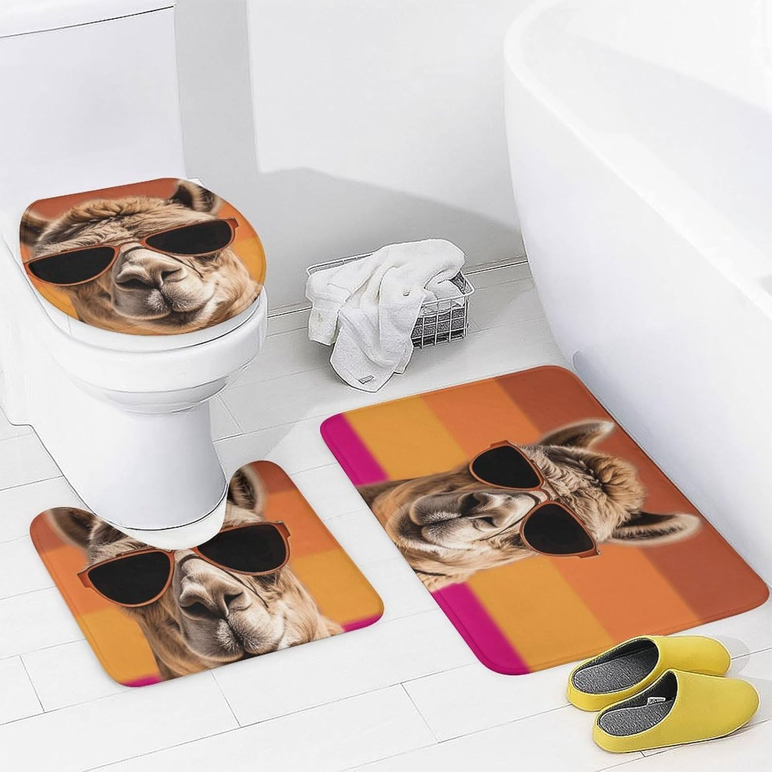 Camel Wearing Sunglasses Shower Curtain Set 4 Piece, Non-Slip Bath Mat with Toilet Lid Cover and Waterproof Shower Curtain with 12 Hooks, Complete Bathroom Set for Home Decor