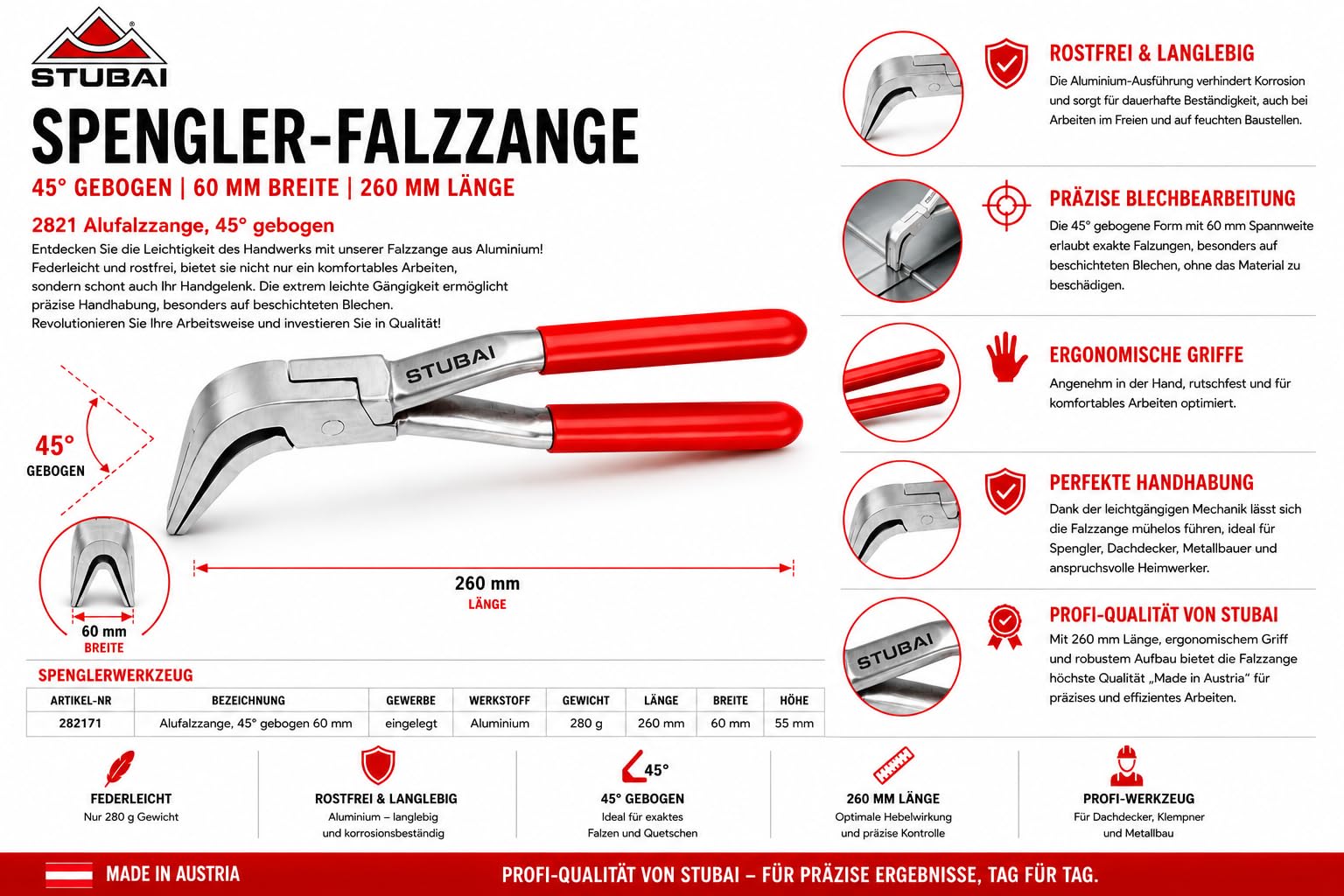 STUBAI szczypce składane do spenglera, lekko wygięte aluminium, szerokość szczęk 60 mm, długość 260 mm