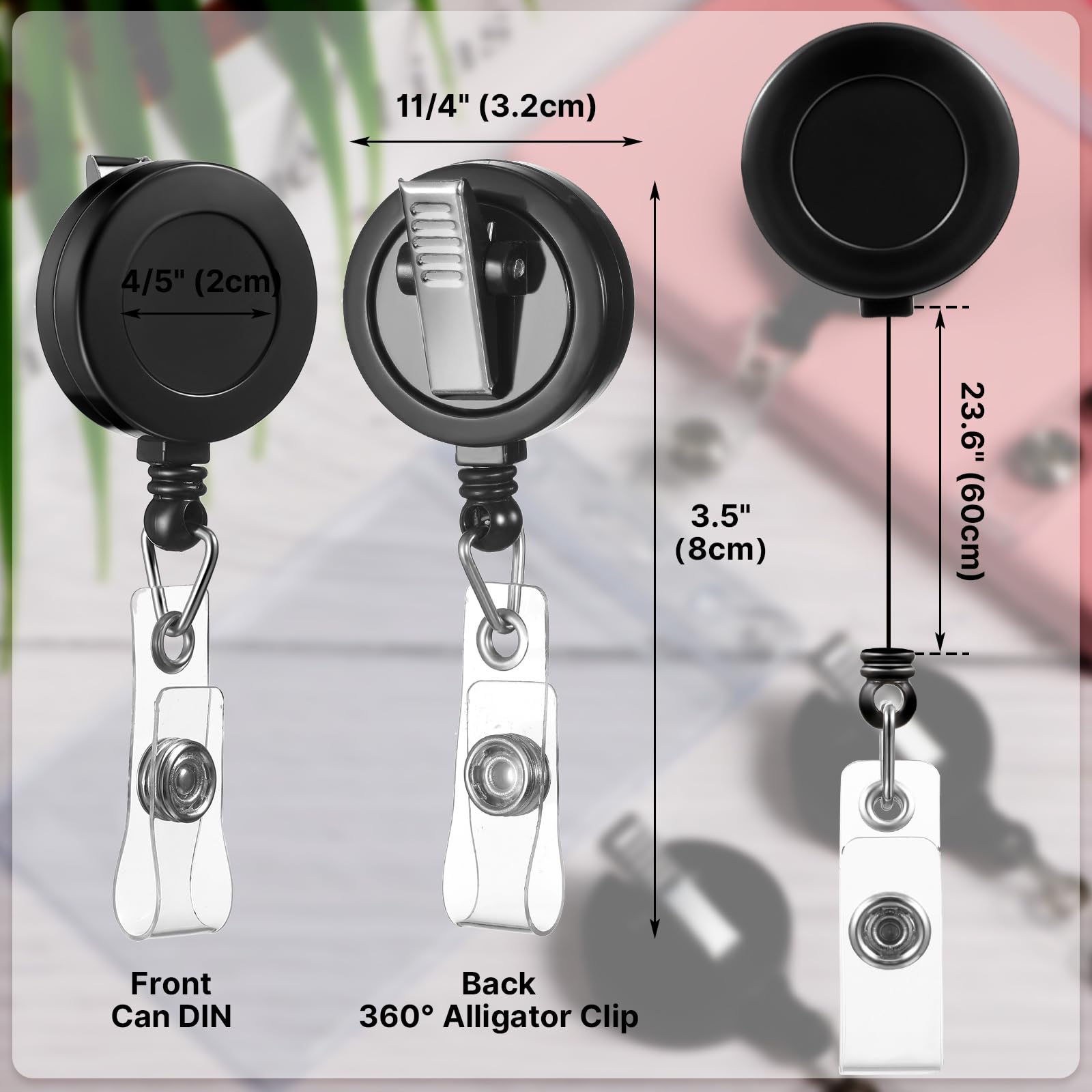 50 bobine retrattili per badge con clip a coccodrillo girevole, porta carte d'identità, clip per badge per studenti, insegnanti, lavoratori in ufficio (nero)