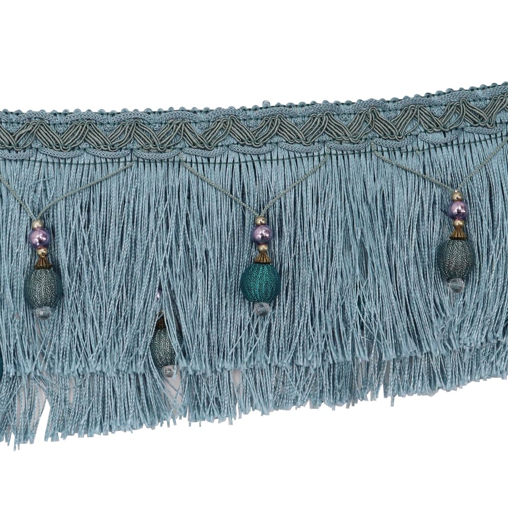 2yards Braided Beads Hanging Ball Tassel Fringe Trimming Applique Fabric Trimming Ribbon Band Curtain Table Wedding Decorated (Blue) - Image 2