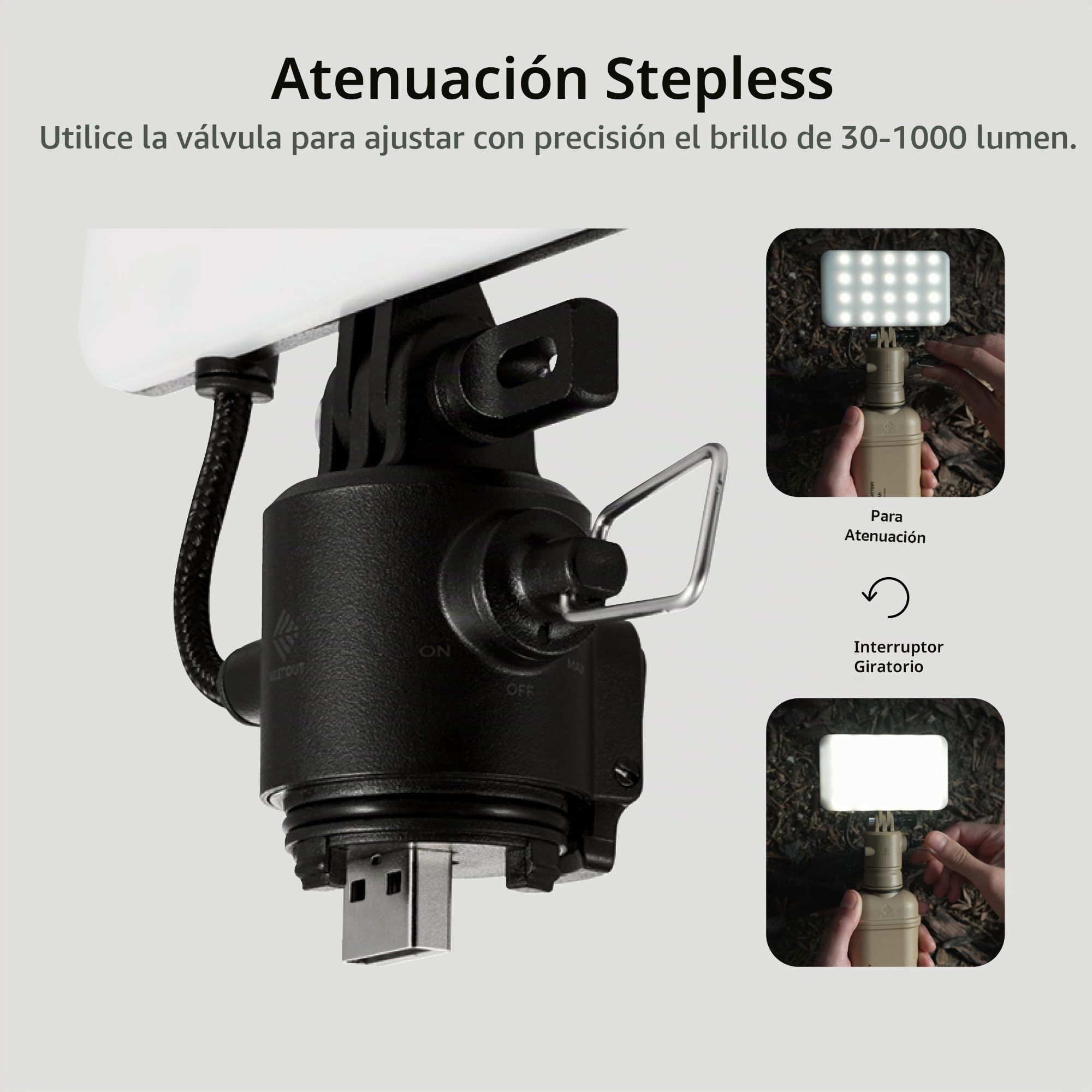 ELECOM NESTOUT - Linterna LED para camping al aire libre con mini trípode, luz LED regulable, IP44, resistente al agua, 30-1000 lúmenes, color negro