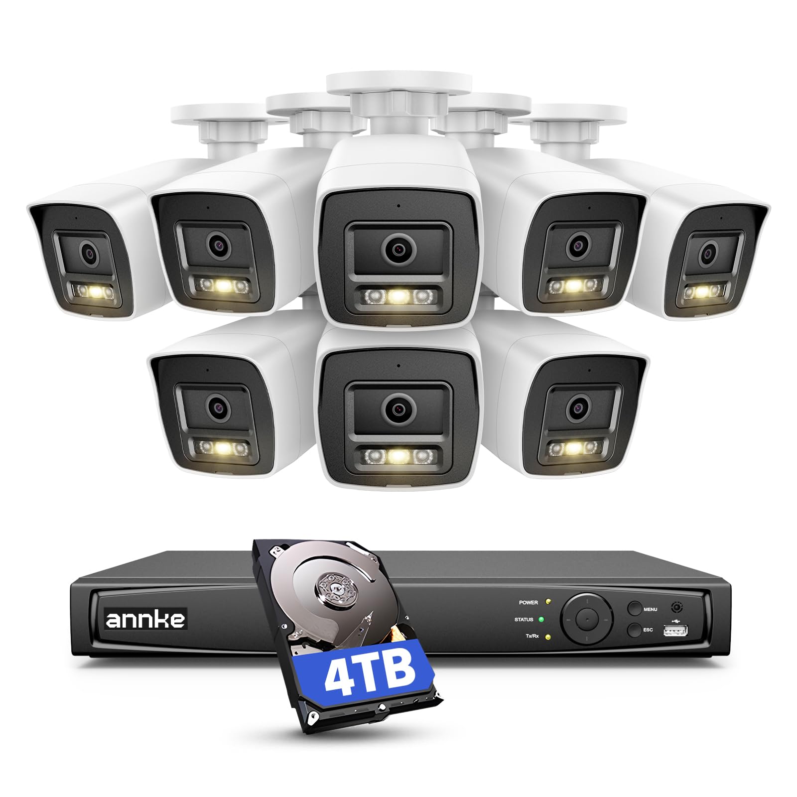 ANNKE Kit di Sicurezza PoE 4K, 8 Telecamere Esterne da 8MP, NVR a 16 Canali con Disco Rigido da 4TB, Visione Notturna a Colori, Rilevamento di Persone e Veicoli, Registrazione 24/7, IP67