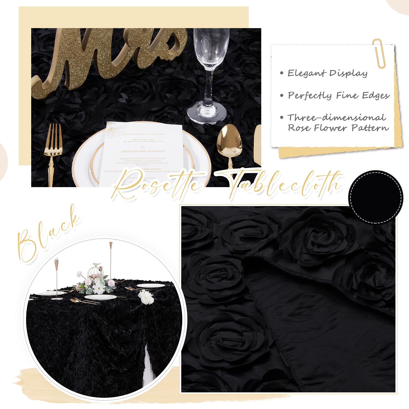 Fanqisi Schwarze Tischdecke, 228 x 332 cm, Rosette, Hochzeit, Party, Tischdekoration, rechteckig, Satin, Blumenmuster, Tischdecke für Babyparty-Dekorationen